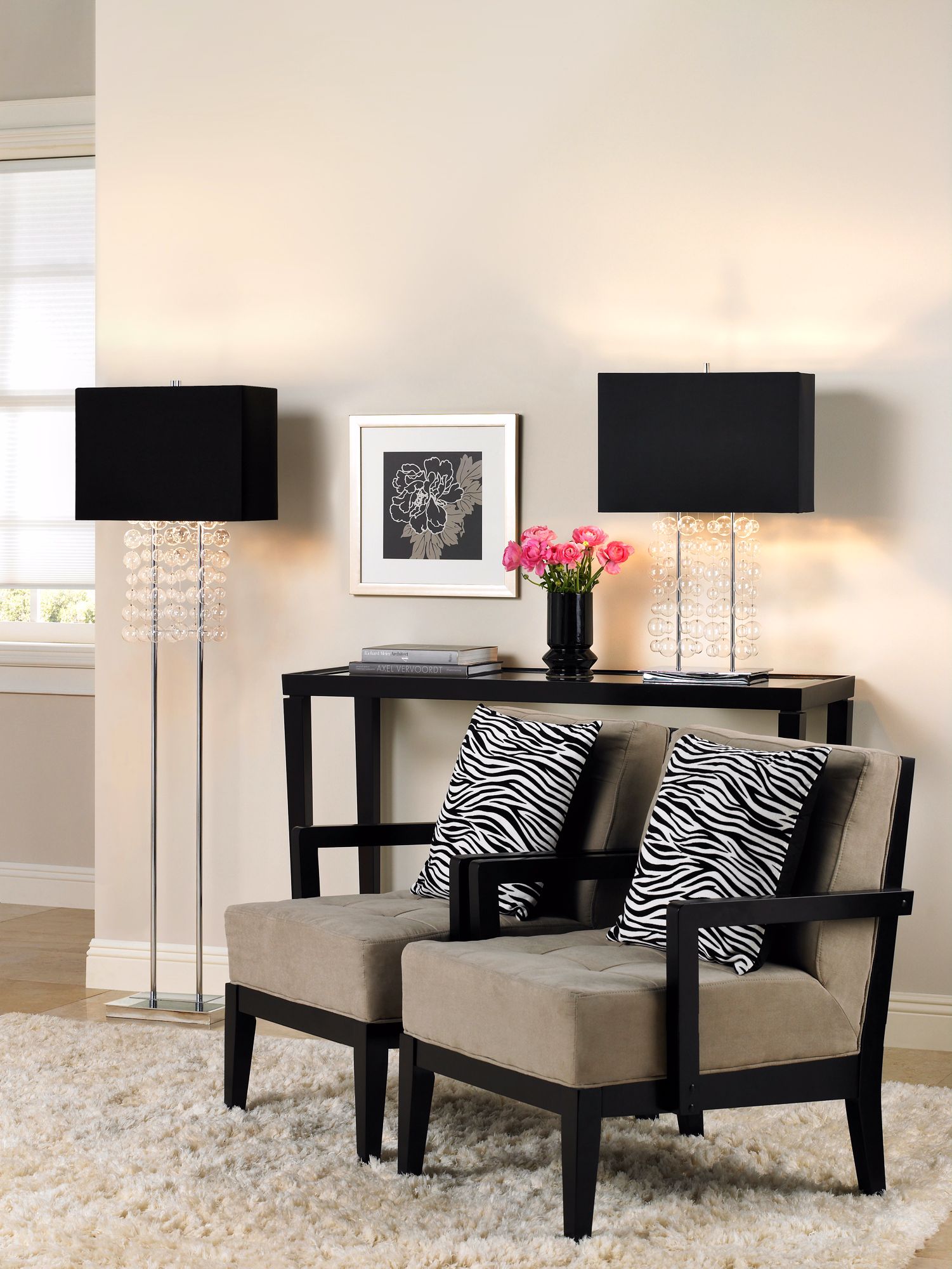 Zebra print accents add playful graphic pattern to a contemporary living room.