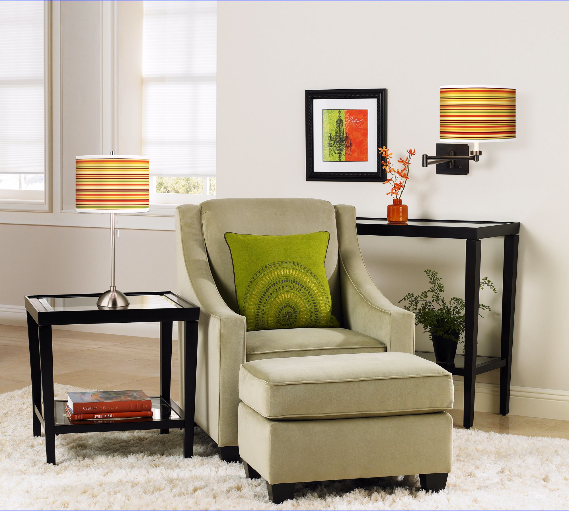 The Stacy Garcia harvest stripe light fixtures set the tone for the room.