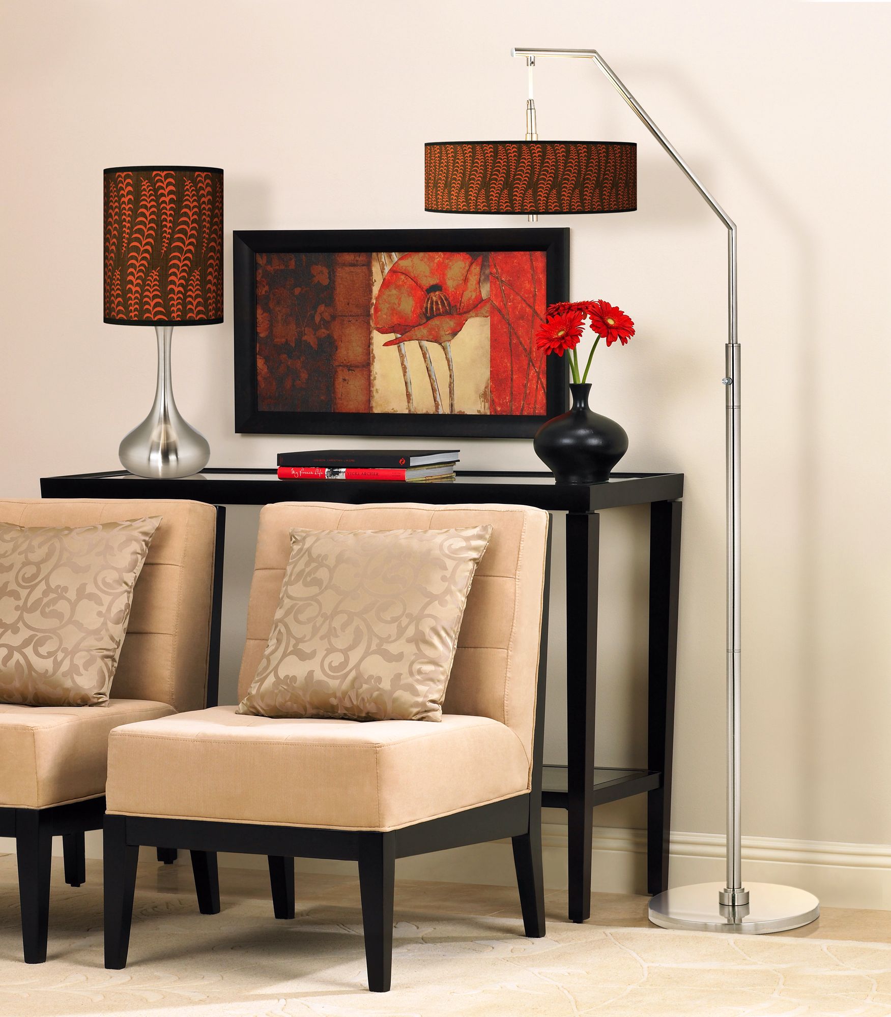 A contemporary living room picture featuring giclee lamps.