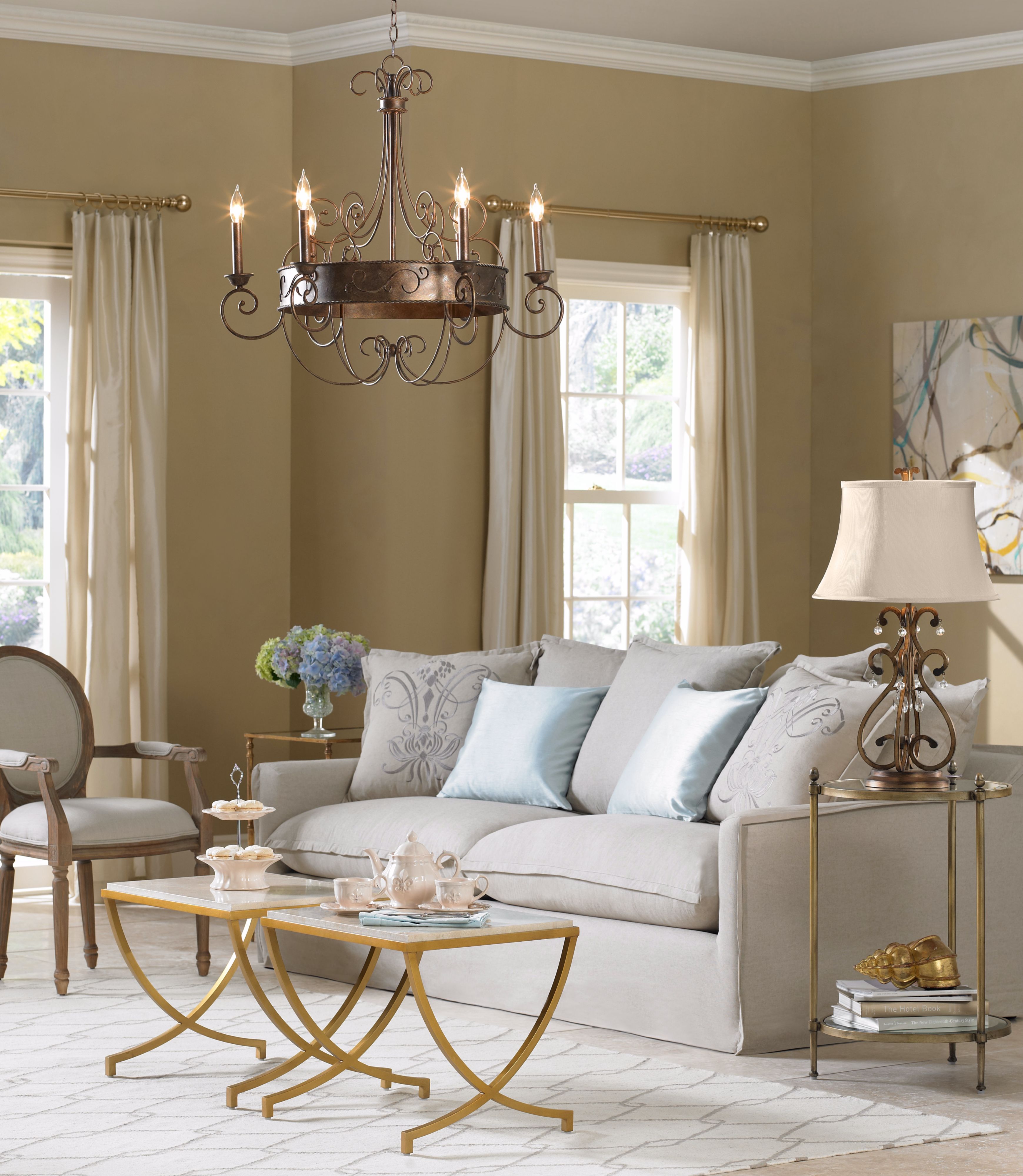 An elegant seating area that uses a soft wool rug to pull it all together.