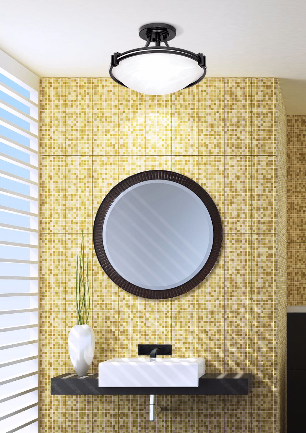 A round flushmount fixture accents this contemporary bathroom decor.