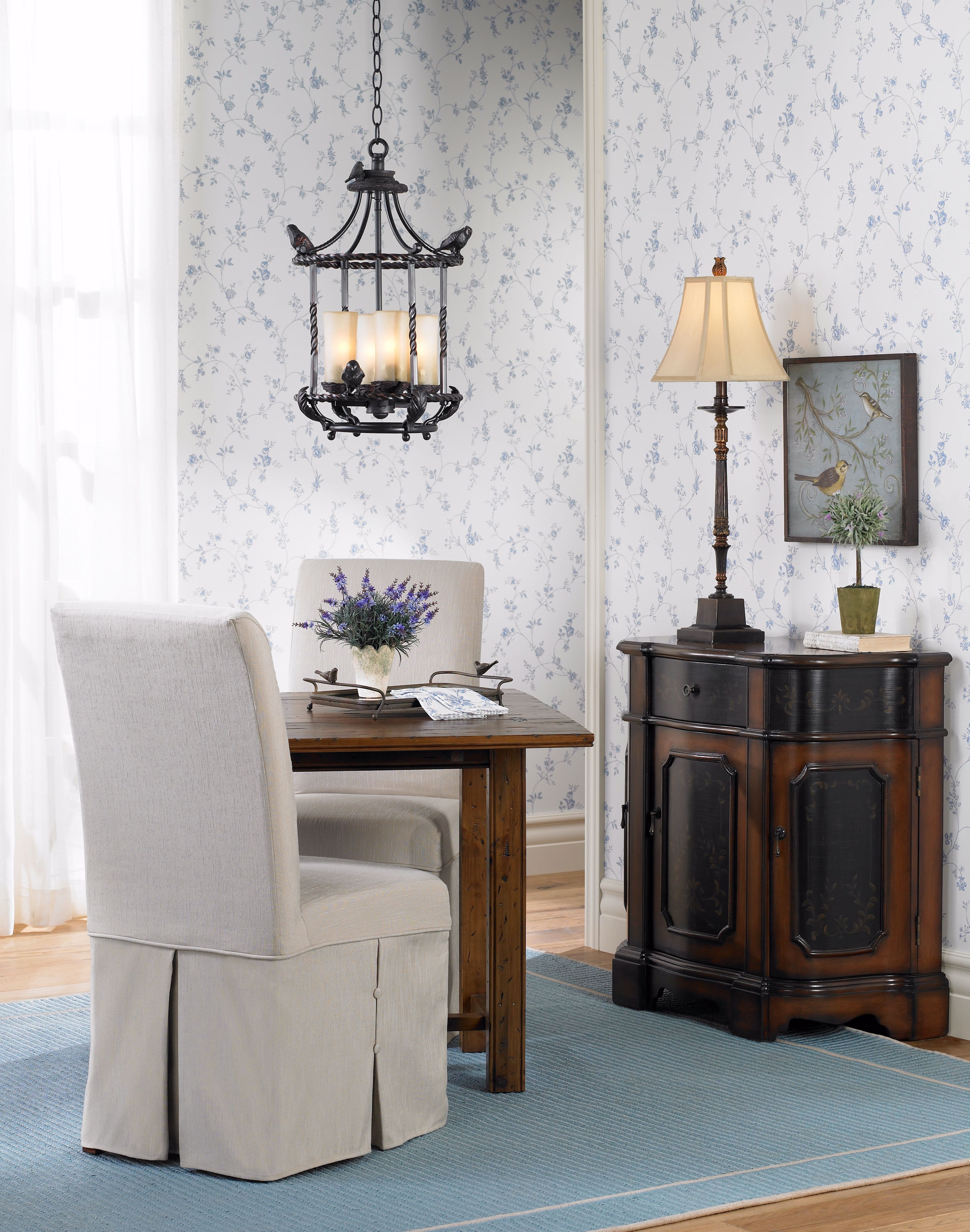 The vintage country room scene incorporates bird motifs as a style element.