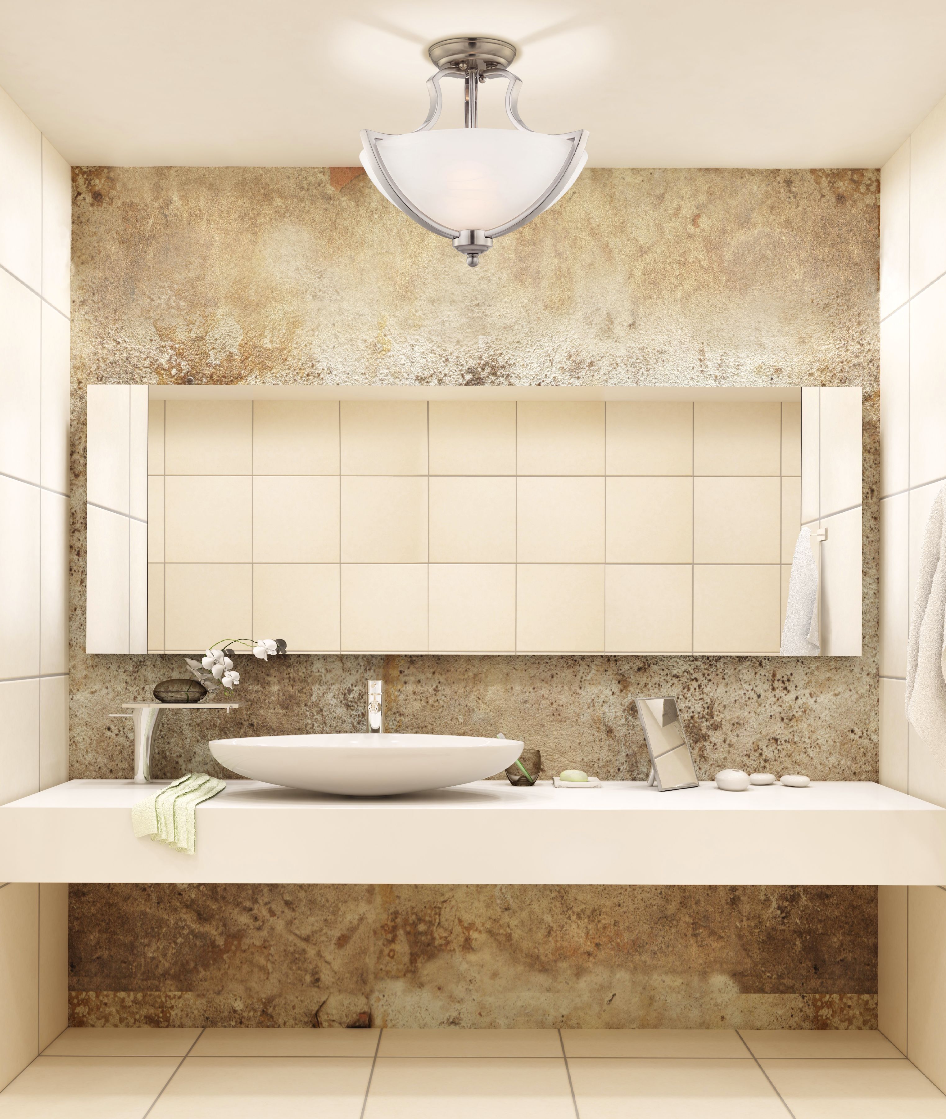 A flushmount fixture complements this chic contemporary bathroom picture.