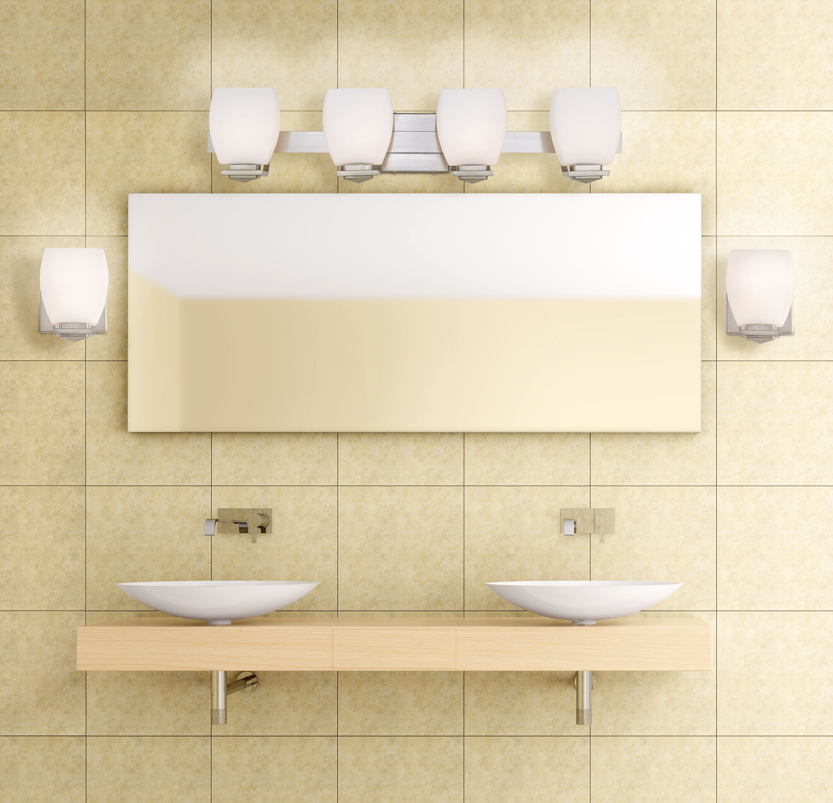 Straight lines and curves playfully interact in this modern bathroom design.