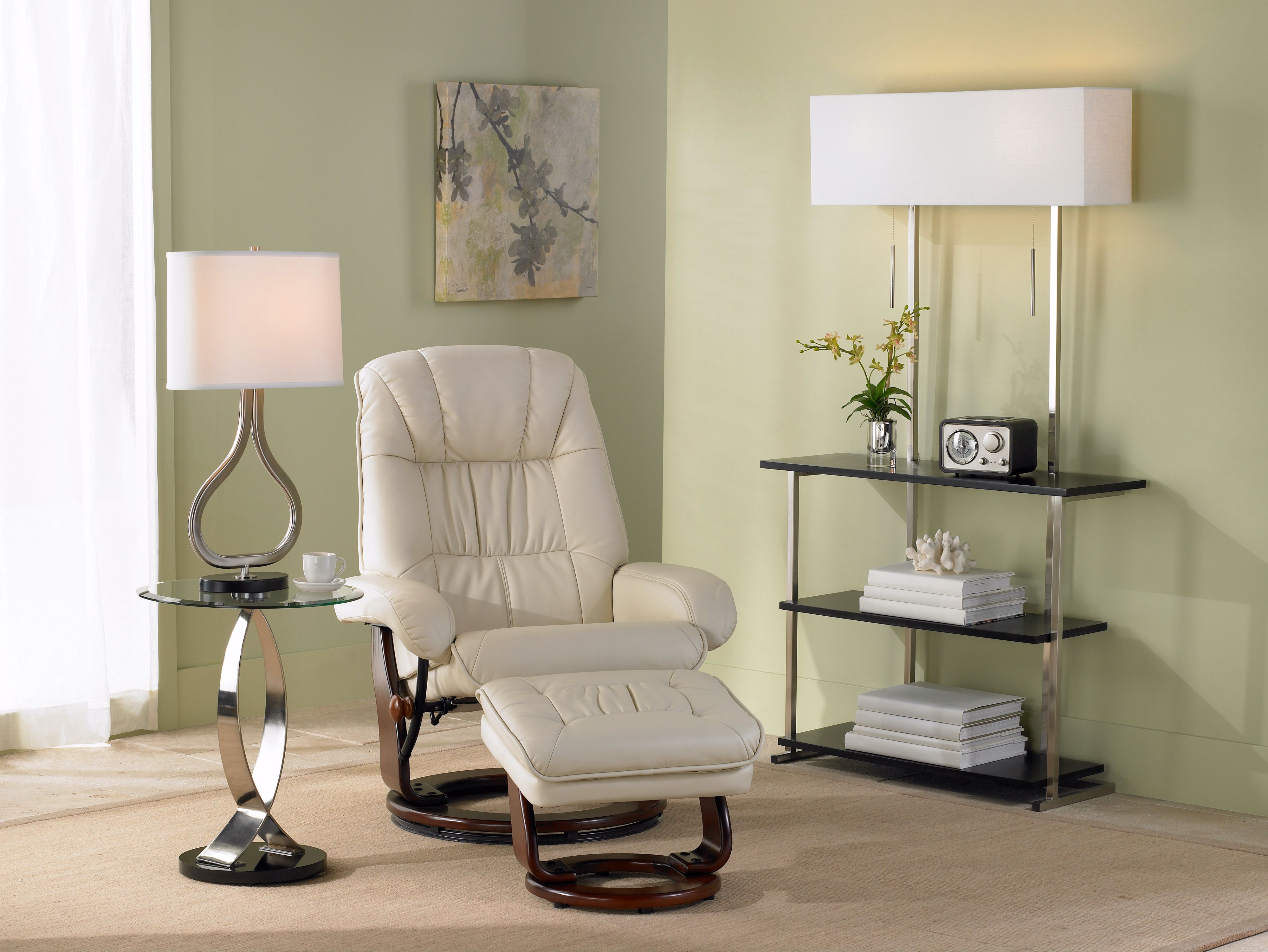 The black triple shelf etagere floor lamp stands out in the corner vignette.