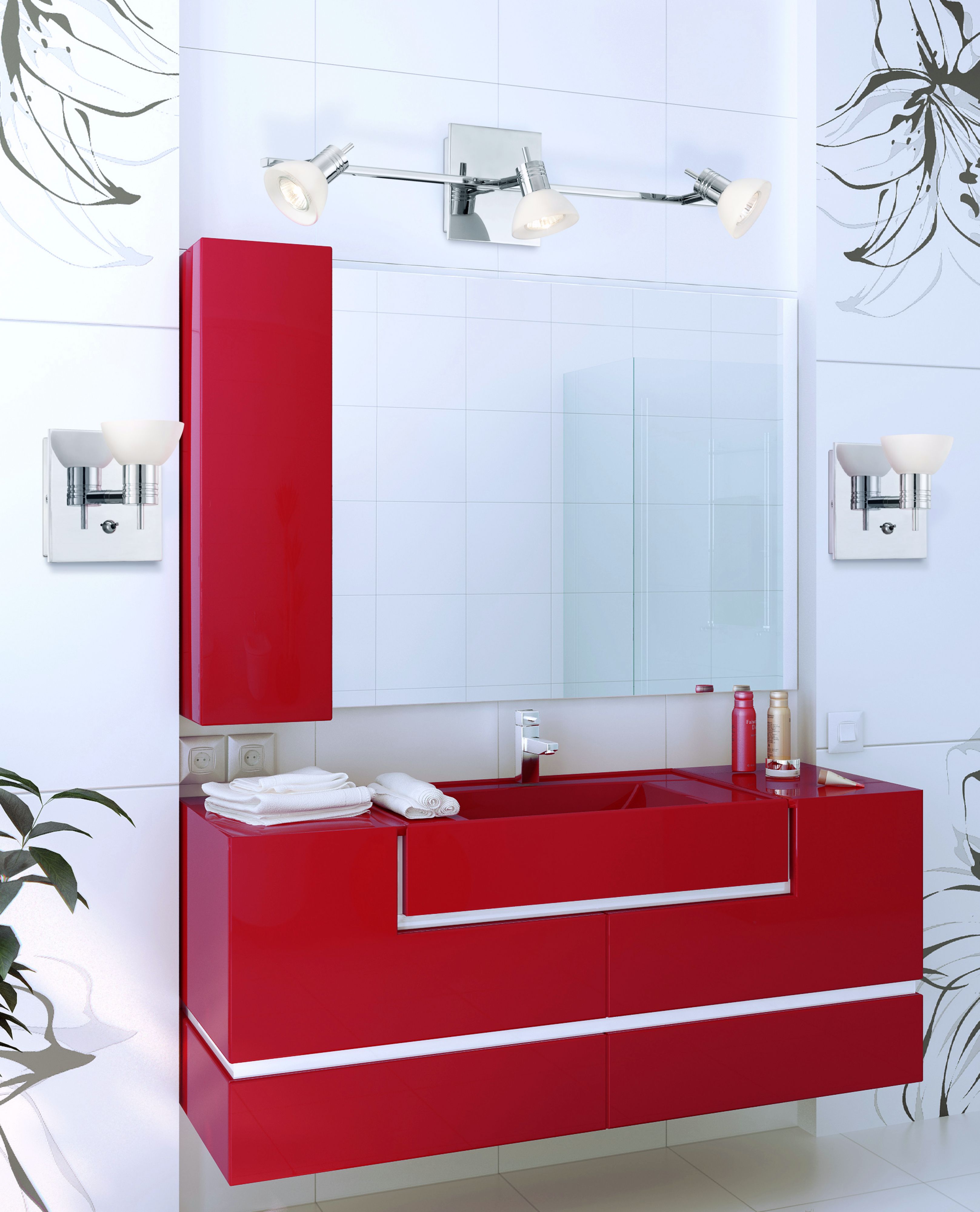 Red cabinetry makes a daring design statement in a contemporary bathroom design!