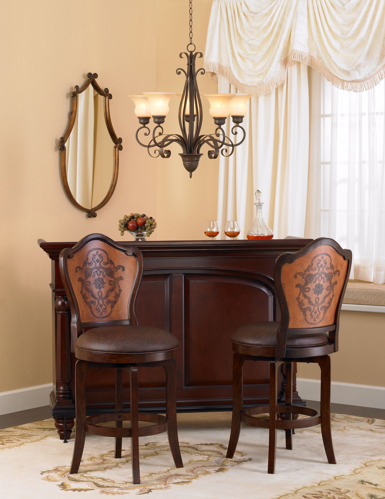 A handsome bar area creates a cozy corner in a traditional living room.