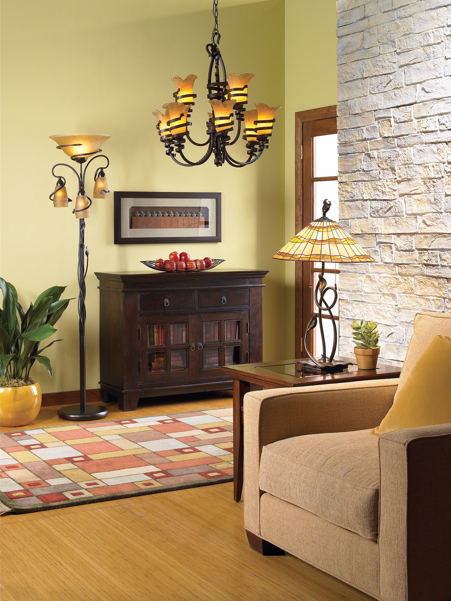 Tiffany style lighting makes a colorful statement in this Mission inspired room!