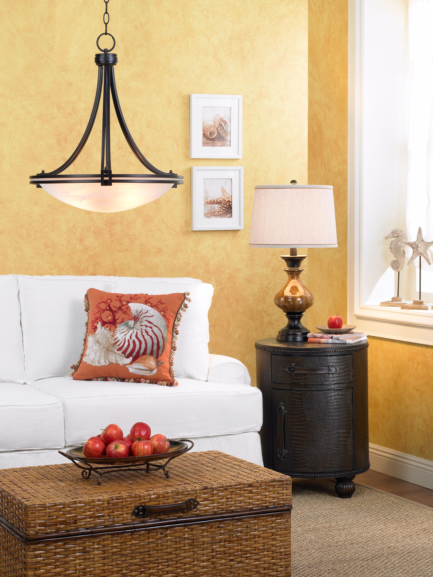 The furnishings in this living room picture are reminiscent of coastal living.