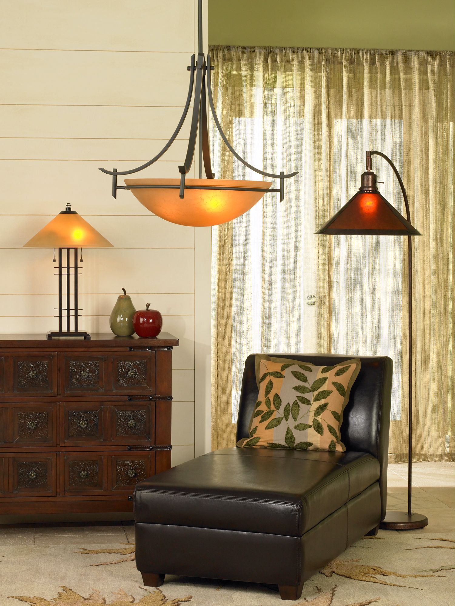 The living room scene combines modern and mission styles.