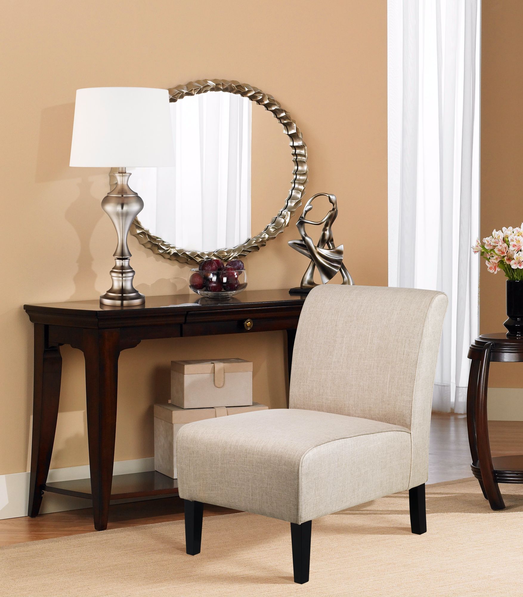A tidy slipper chair is a transitional piece of furniture with timeless appeal.