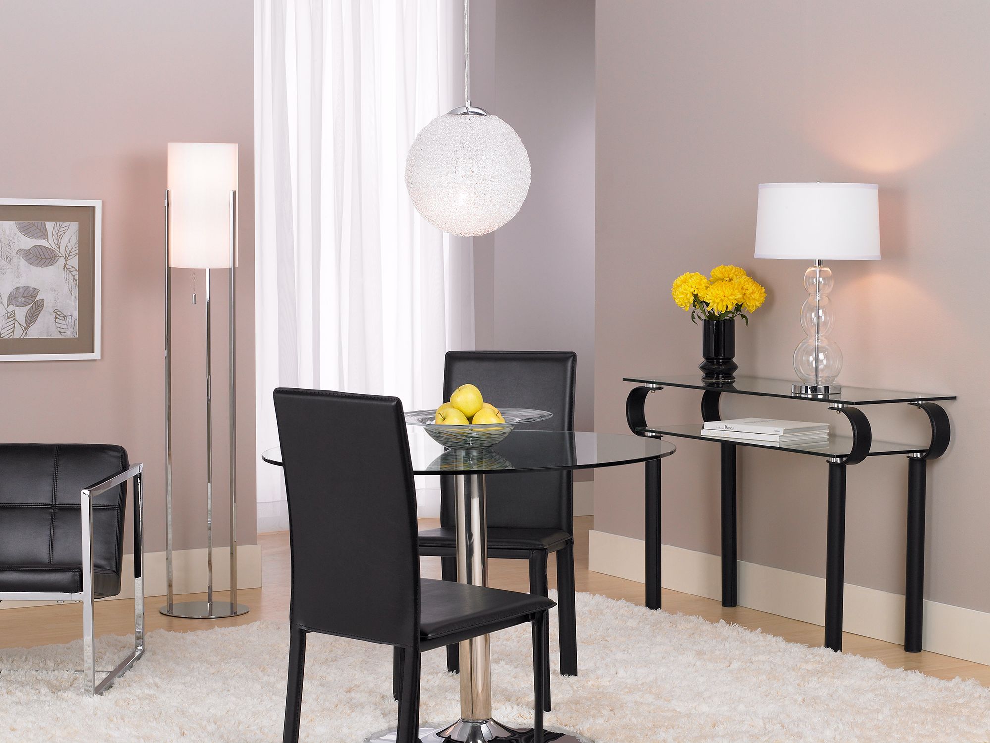 The round contemporary glass table provides a great setting for casual dining.