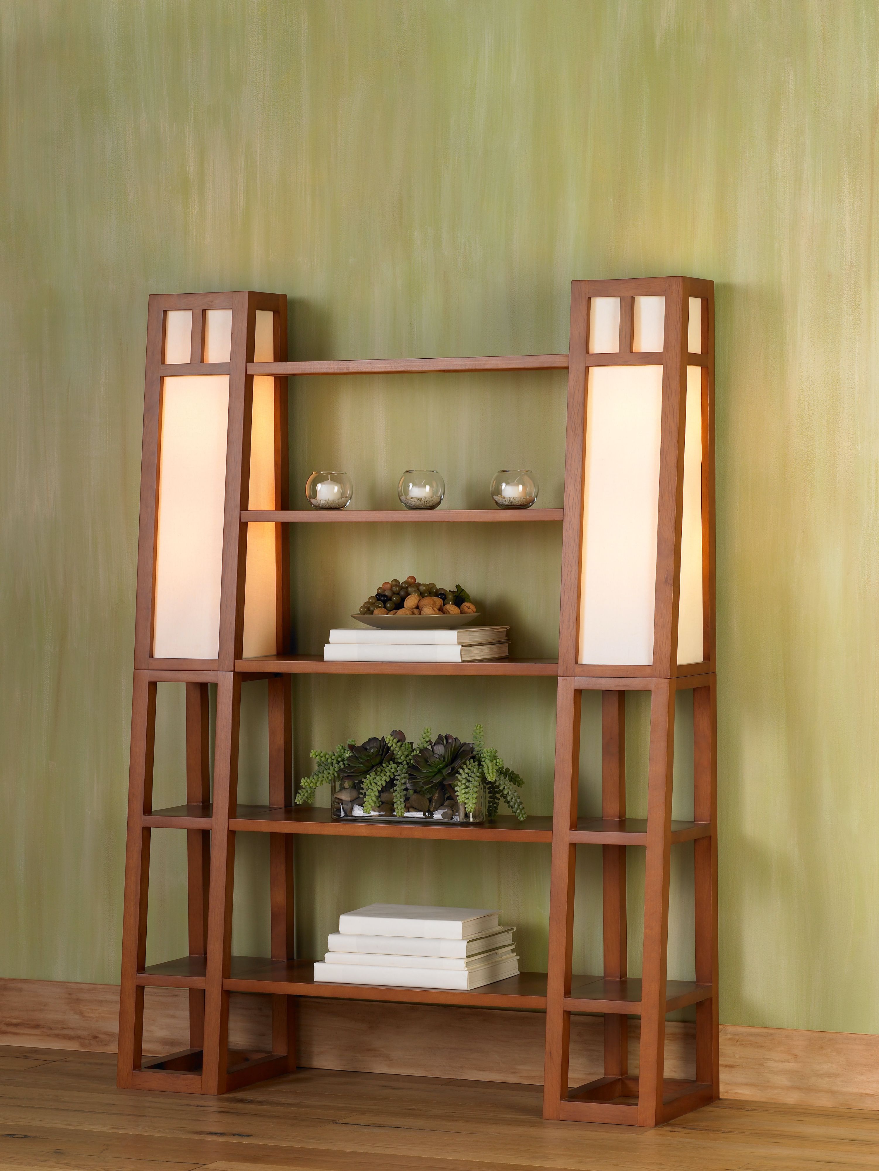 Walnut Finish Lighted 5-Shelf Etagere in scene