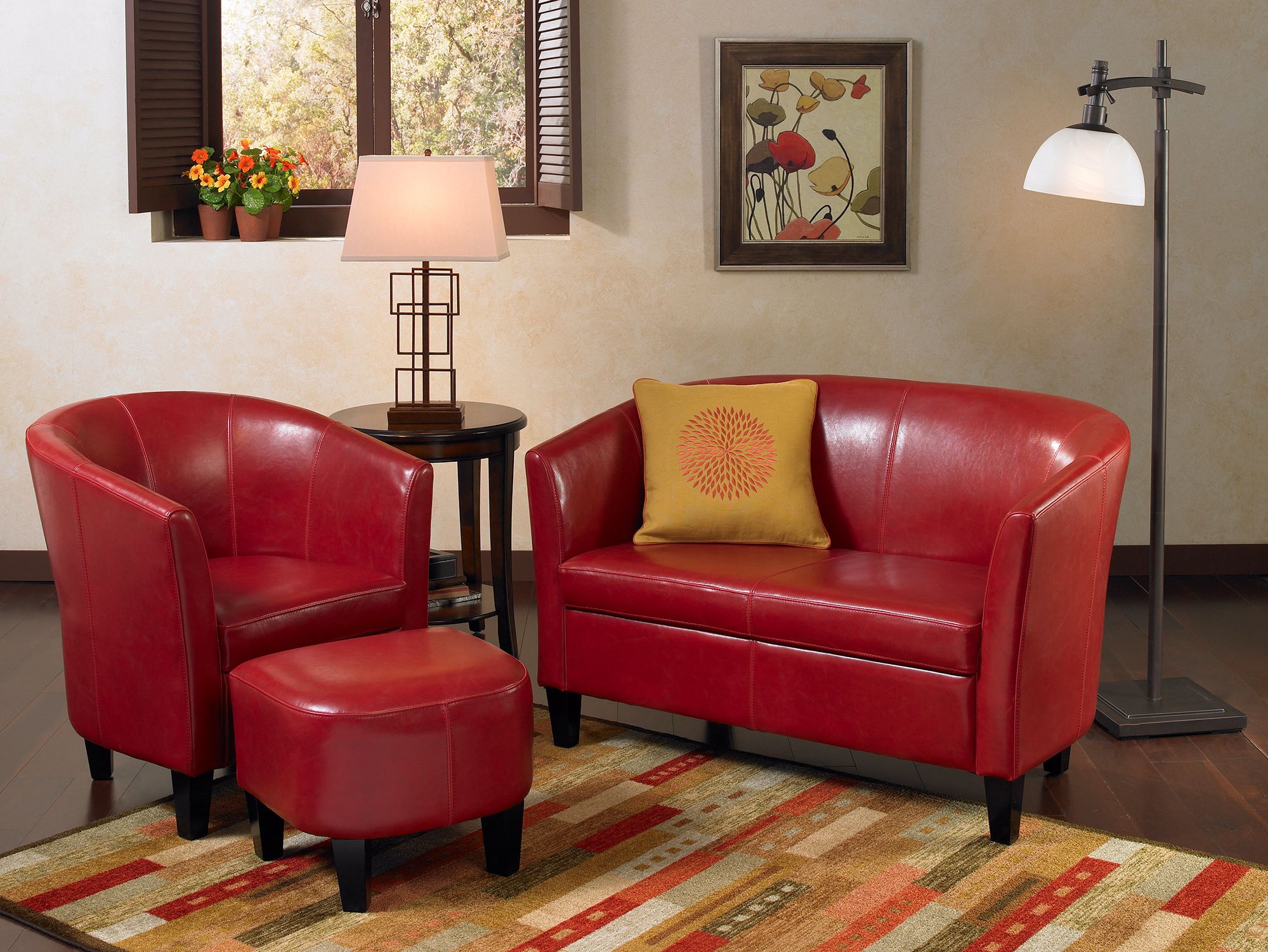 Vibrant red leather makes a bold statement in this living room picture!