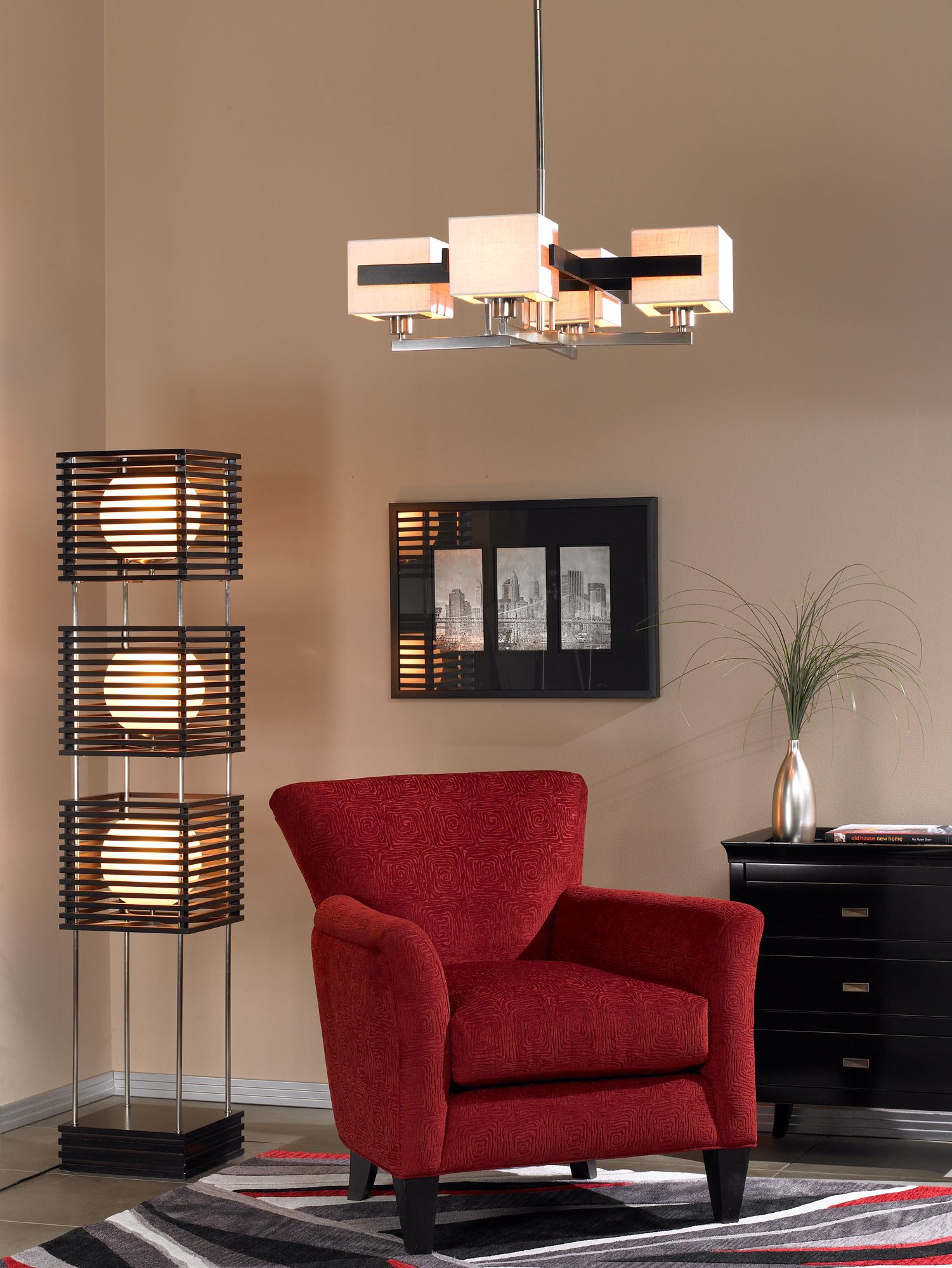 The red, grey, and black color scheme sets the tone for a modern aesthetic.