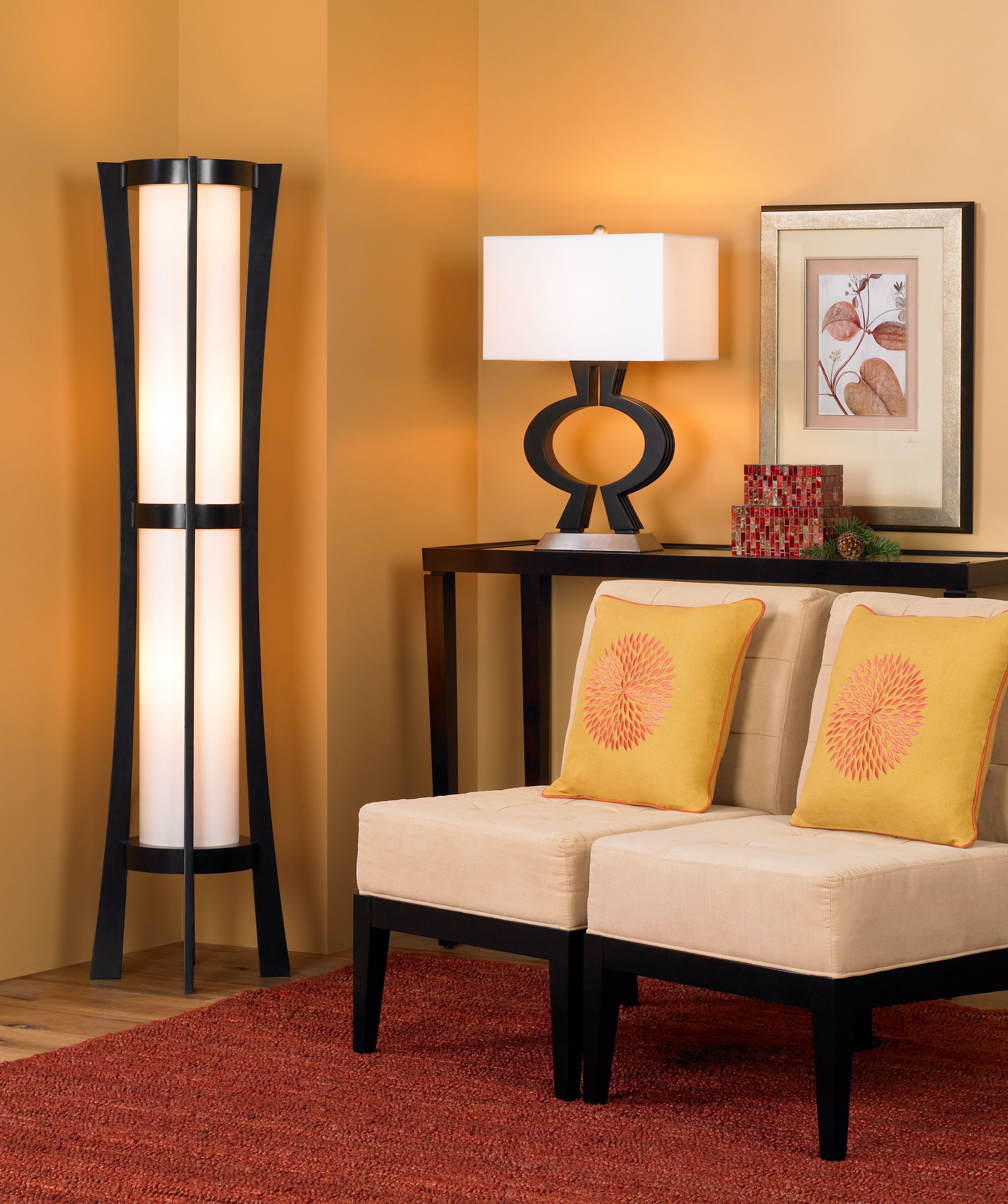 The living room scene's warm hues create an inviting space.
