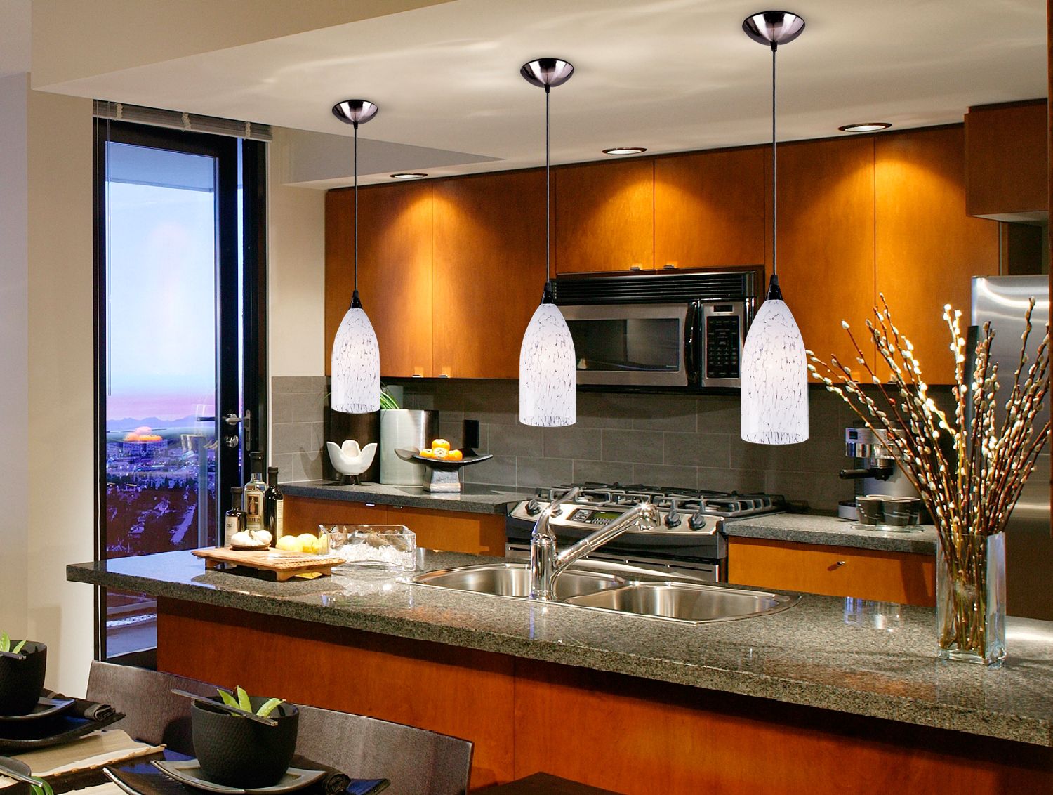 Kitchen mini pendant lights offer bright illumination and uncluttered style.