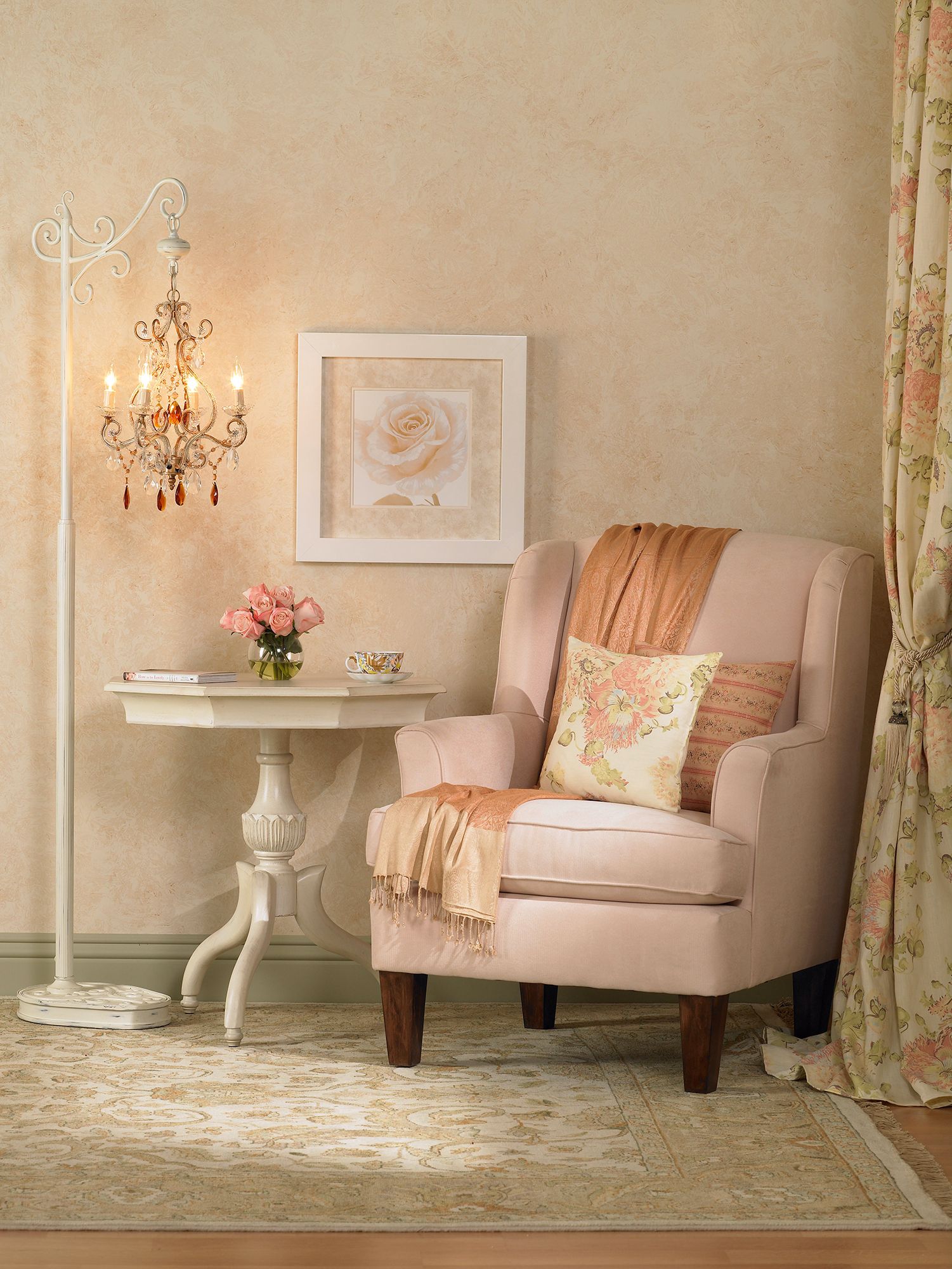 A color palette of soft pink and antique white captures country cottage style.