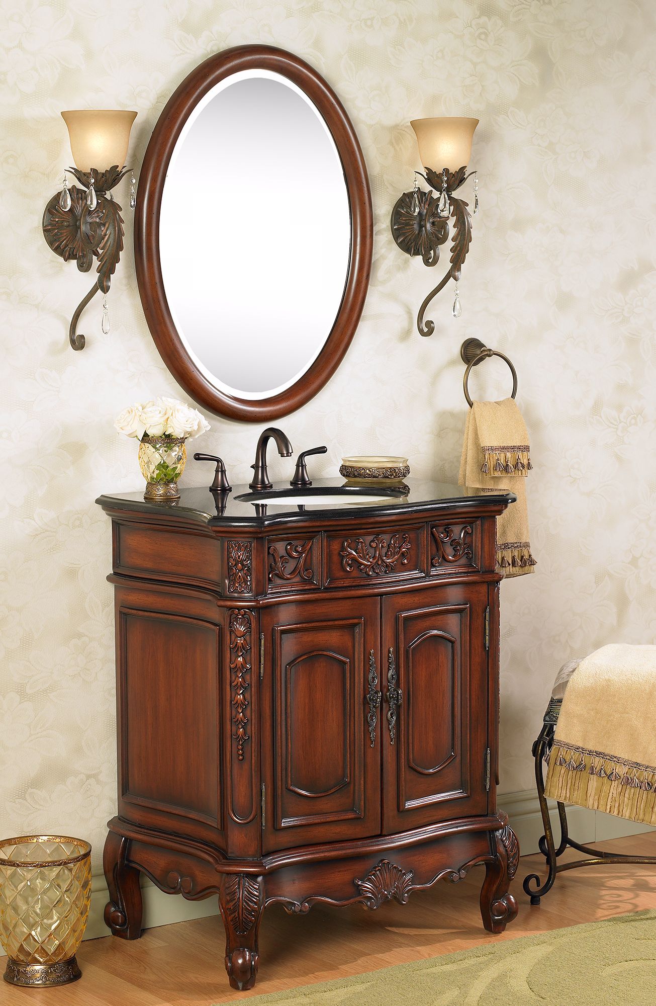 Traditional elegance is all in the details in this richly ornamented bathroom.