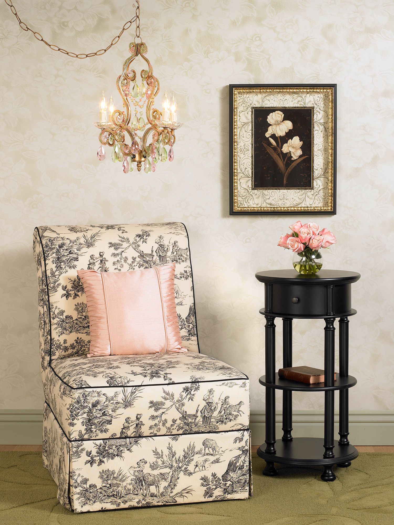 Floral patterns and ornate scrolls create a romantic and feminine living room.