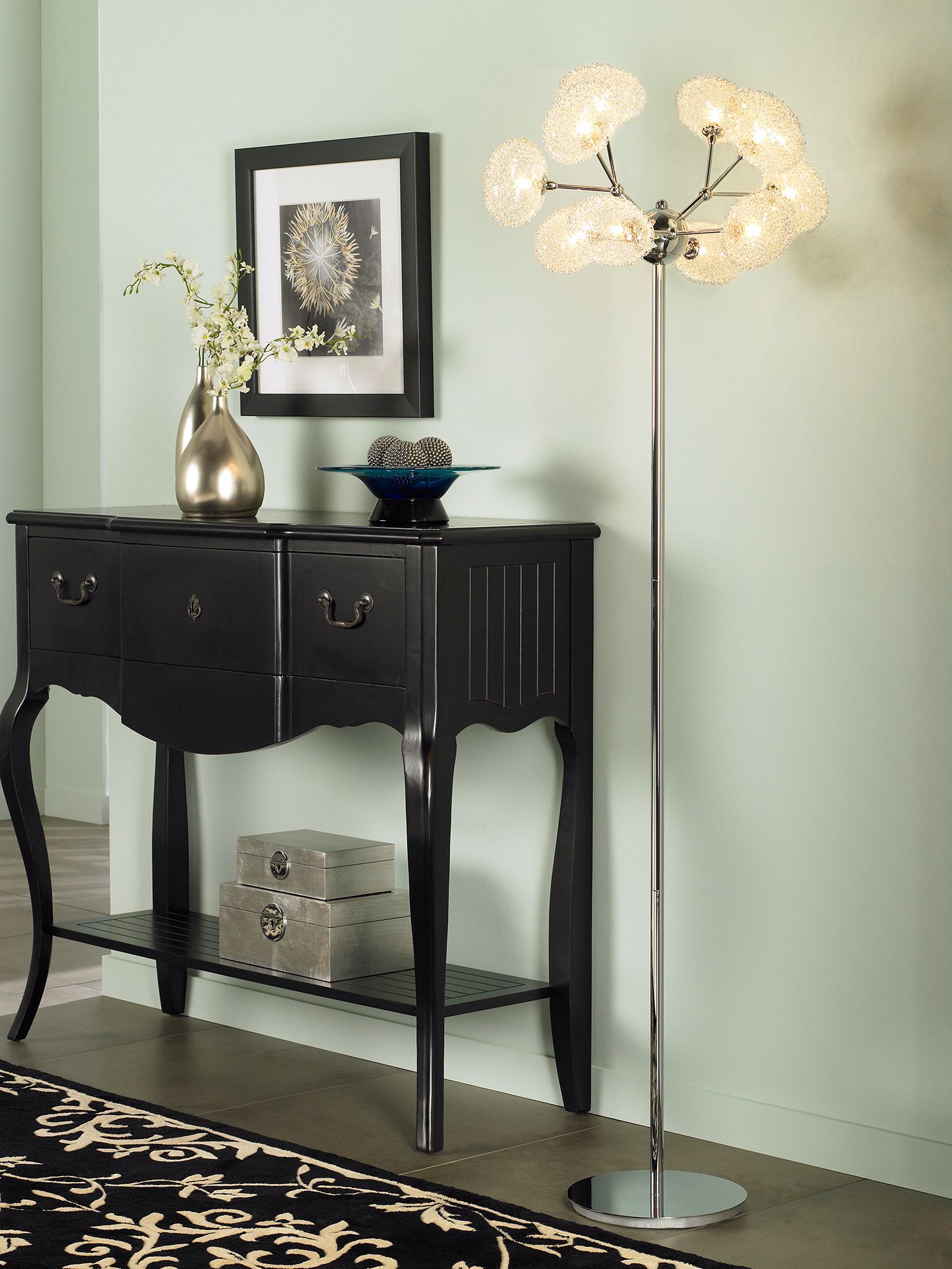 Incorporate a mod contemporary lamp to add a punch to a transitional hallway!
