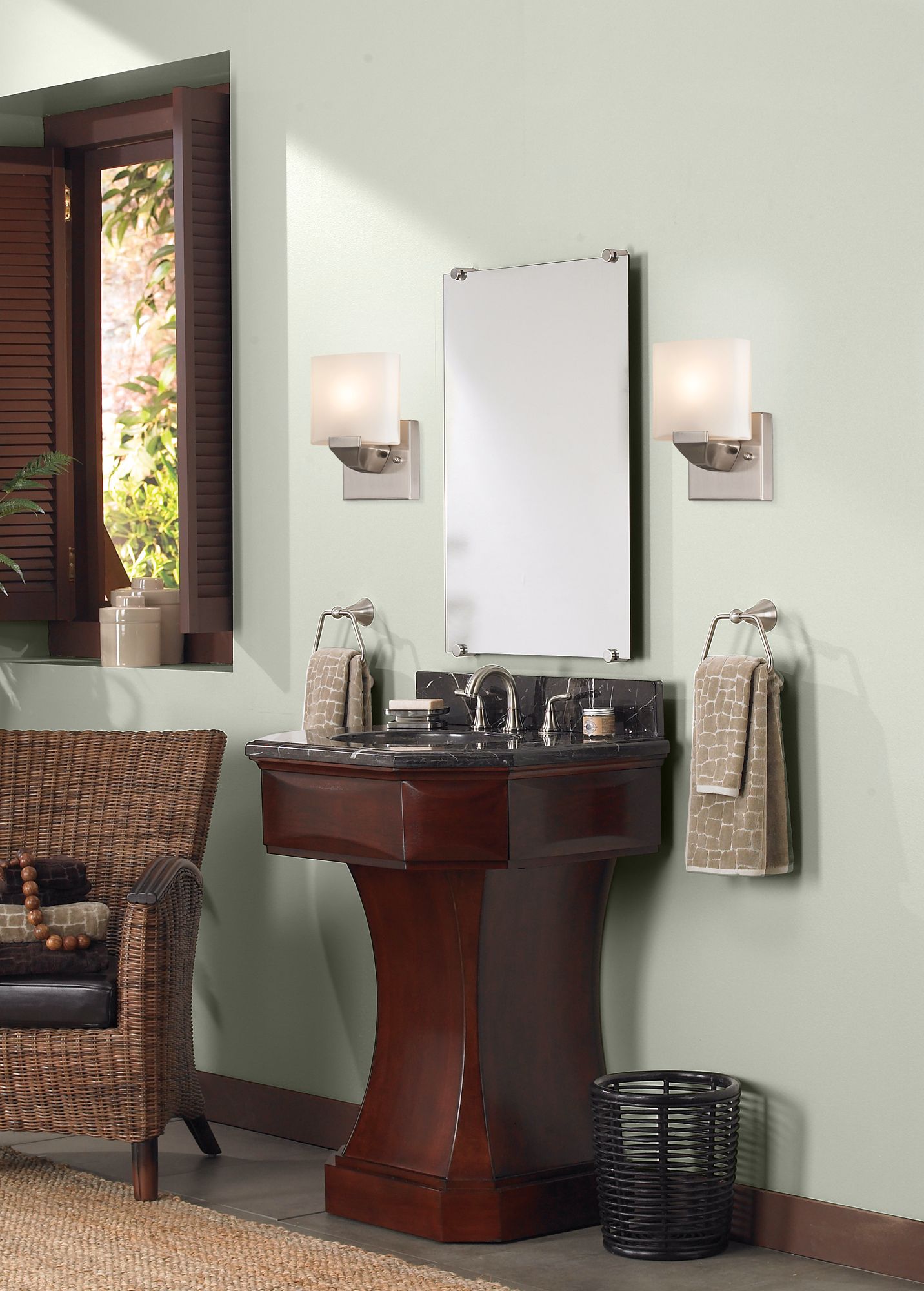 An Asian-inspired vanity takes center stage in this contemporary bathroom!