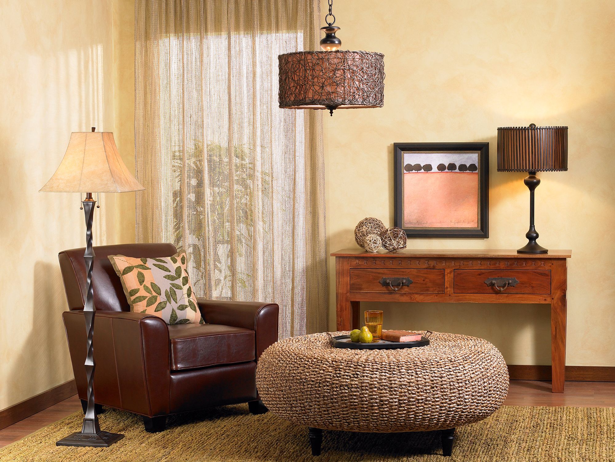 This living room scene emphasizes and coordinates organic elements.
