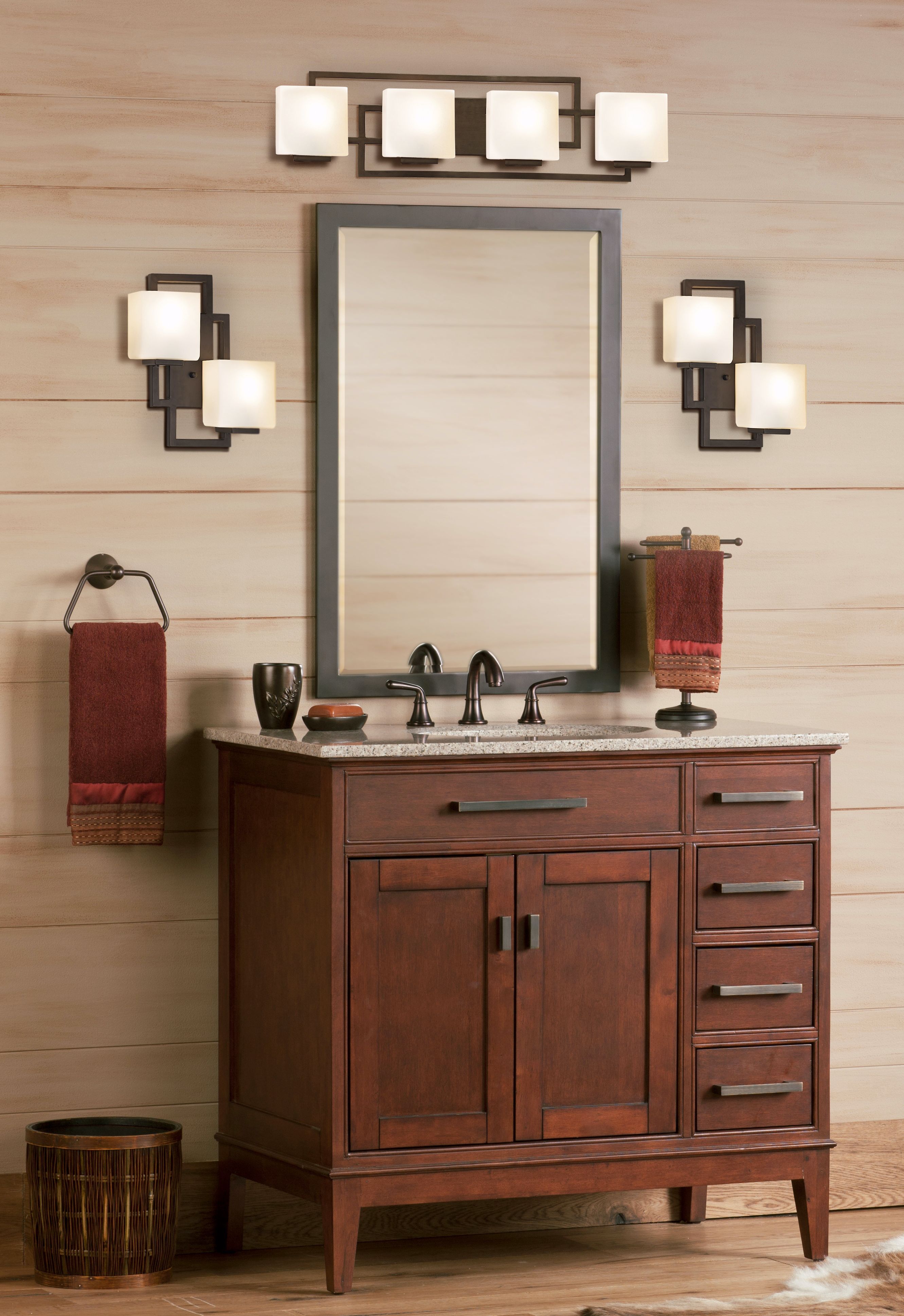 Chic square sconces make beautiful contemporary bathroom lighting.