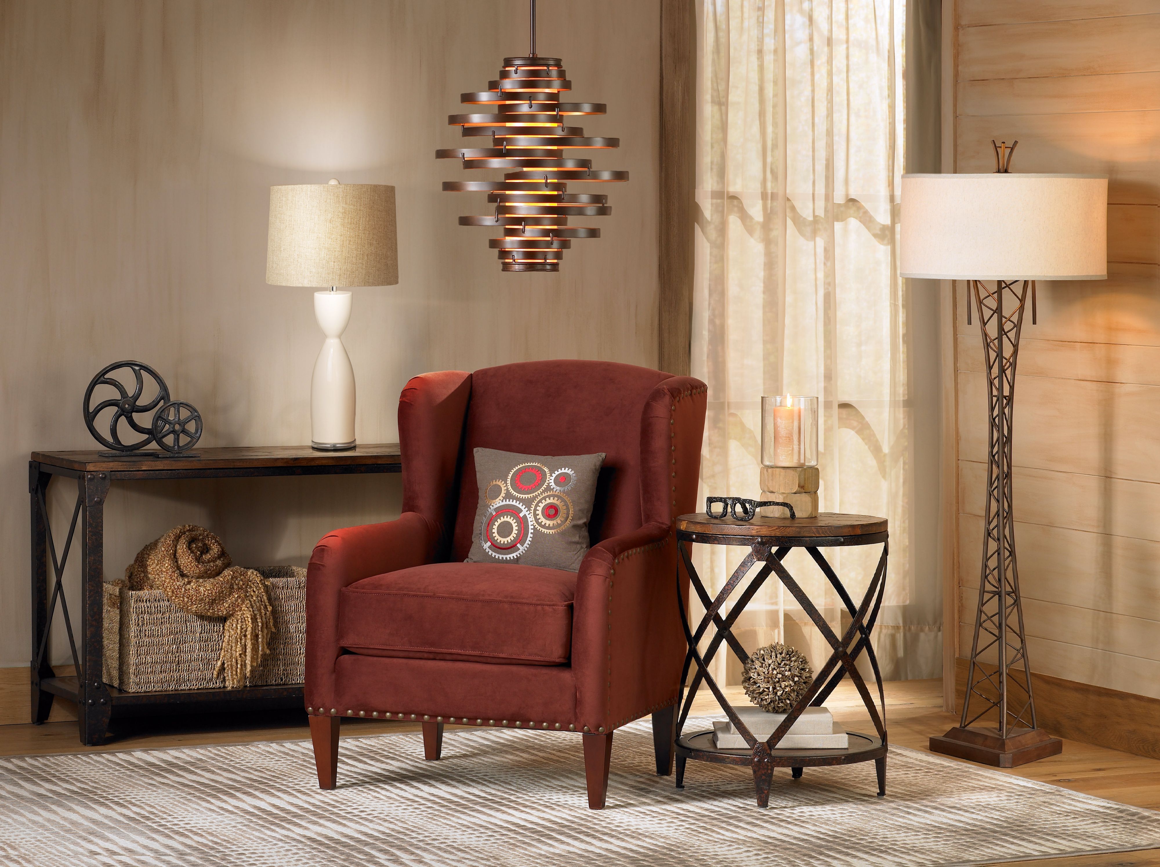The rustic vintage living room is accented with dynamic furnishings.
