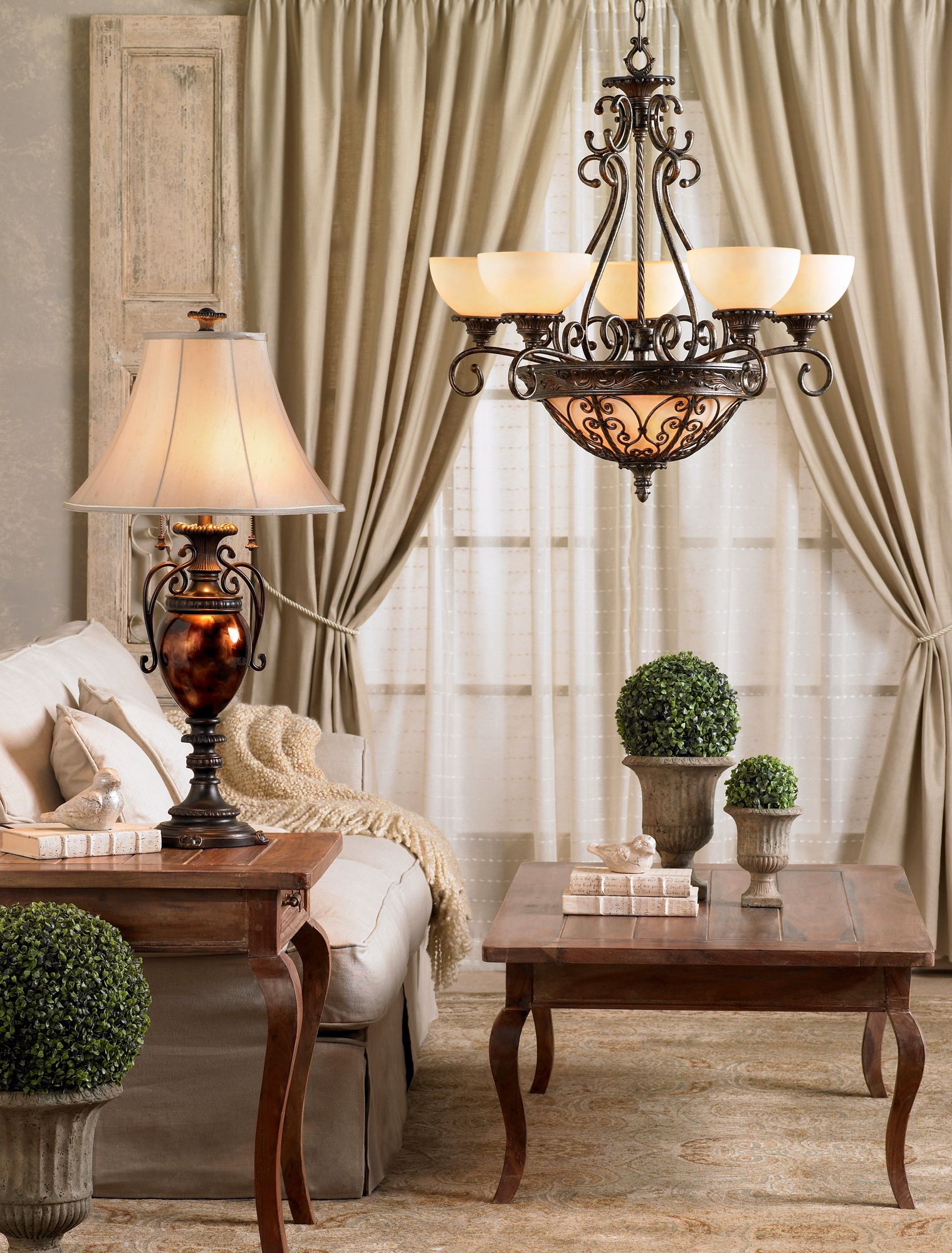 The French vintage living room scene incorporates organic hues.