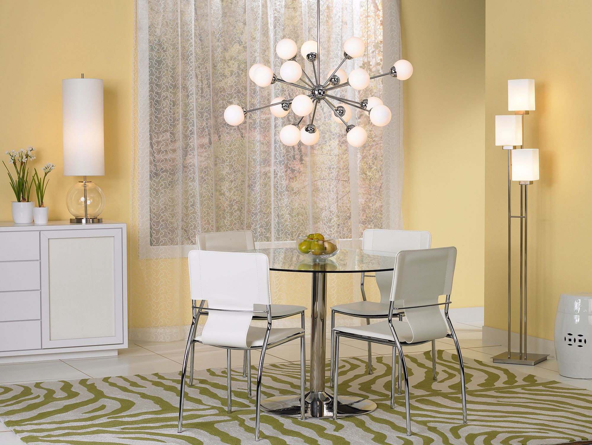 The opal glass pendant chandelier takes center stage in the city chic scene.