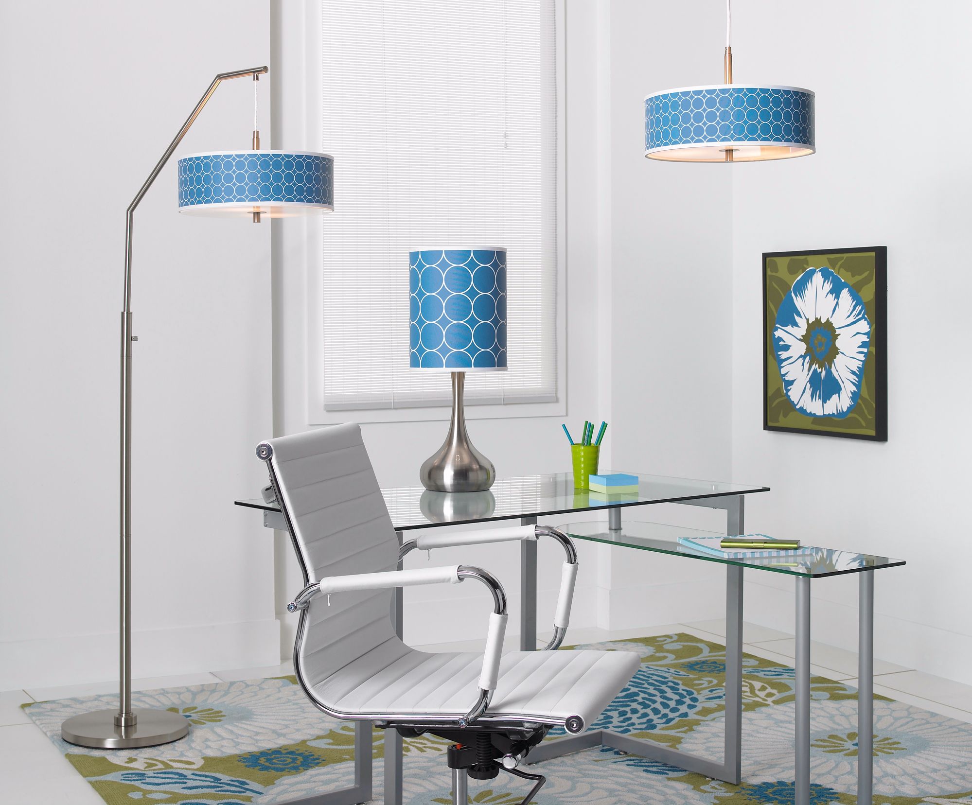 A colorful modern office space with custom-printed giclee lighting and wall art.
