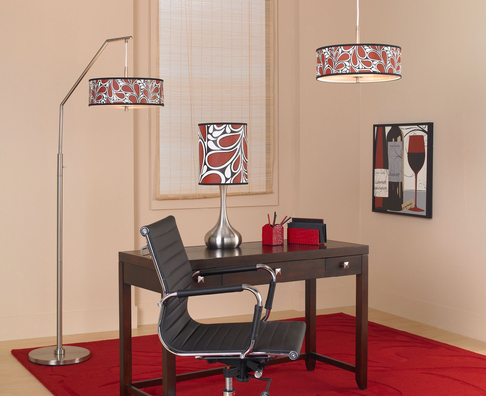 A home office decortaing idea with bright, custom-made giclee lighting.