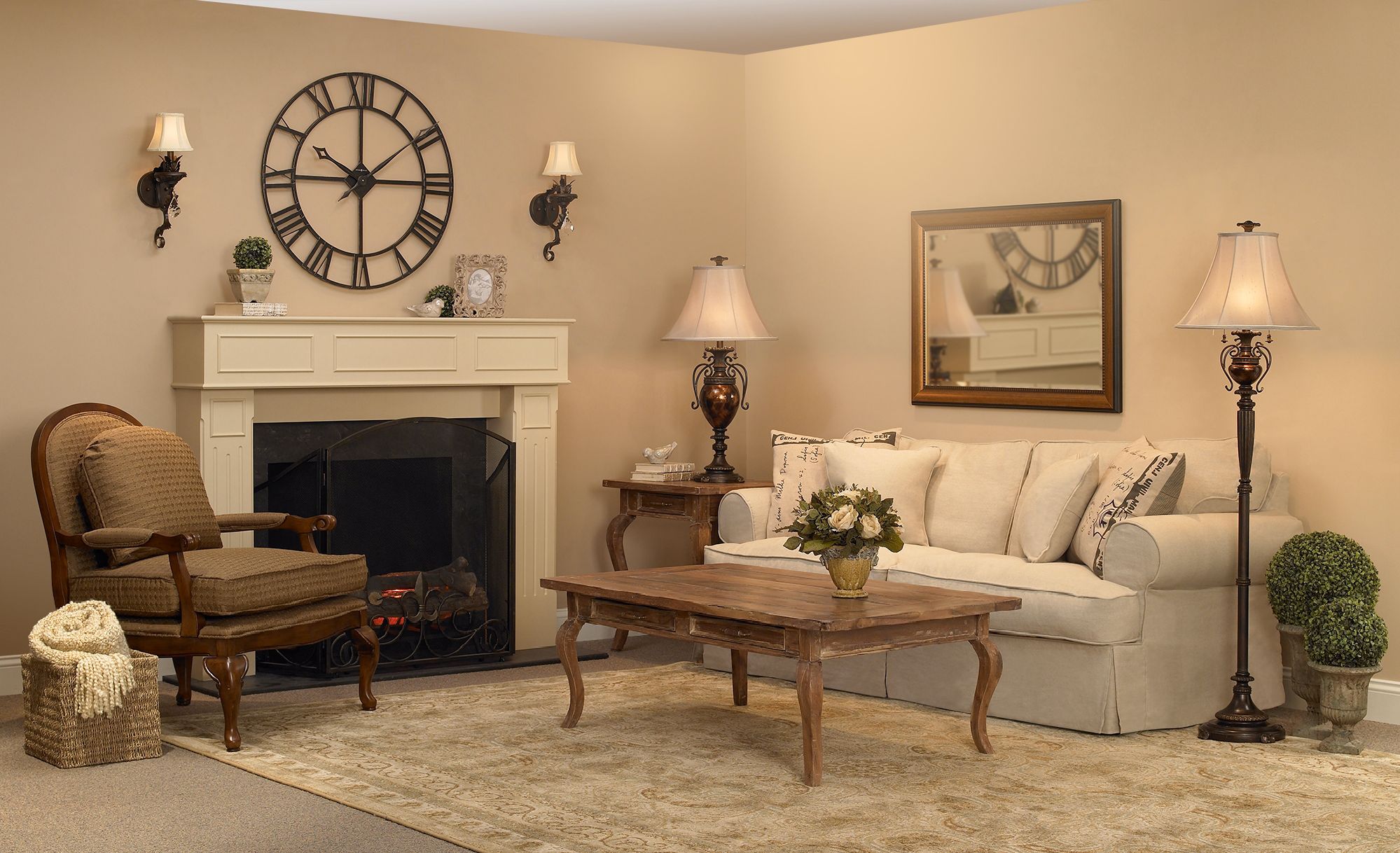 Lounge by the fire in this warm and comfortable living room scene.