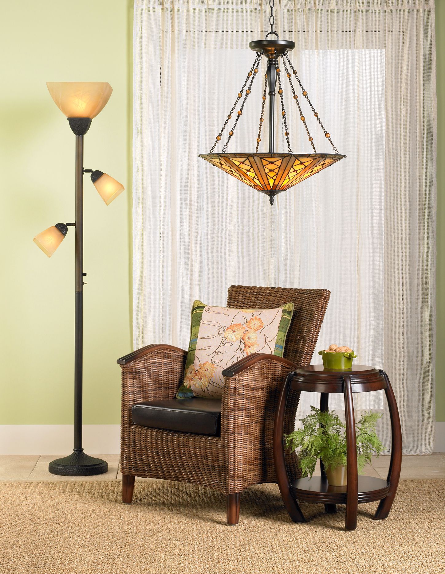 A Tiffany style light takes center stage in an arts and crafts living room.
