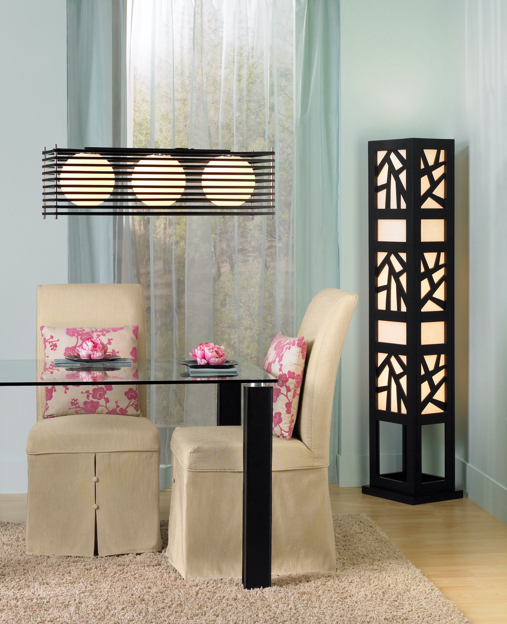 This dining room scene captures Asian and contemporary design styles.