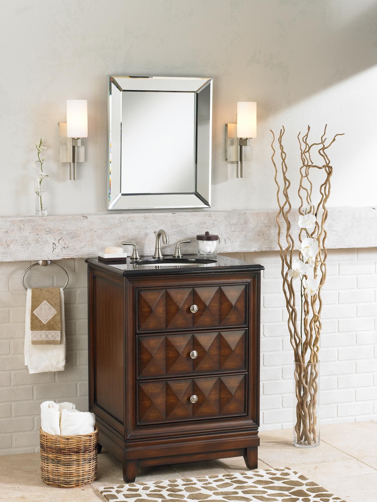 A stunning wood vanity takes center stage in a contemporary bathroom picture.