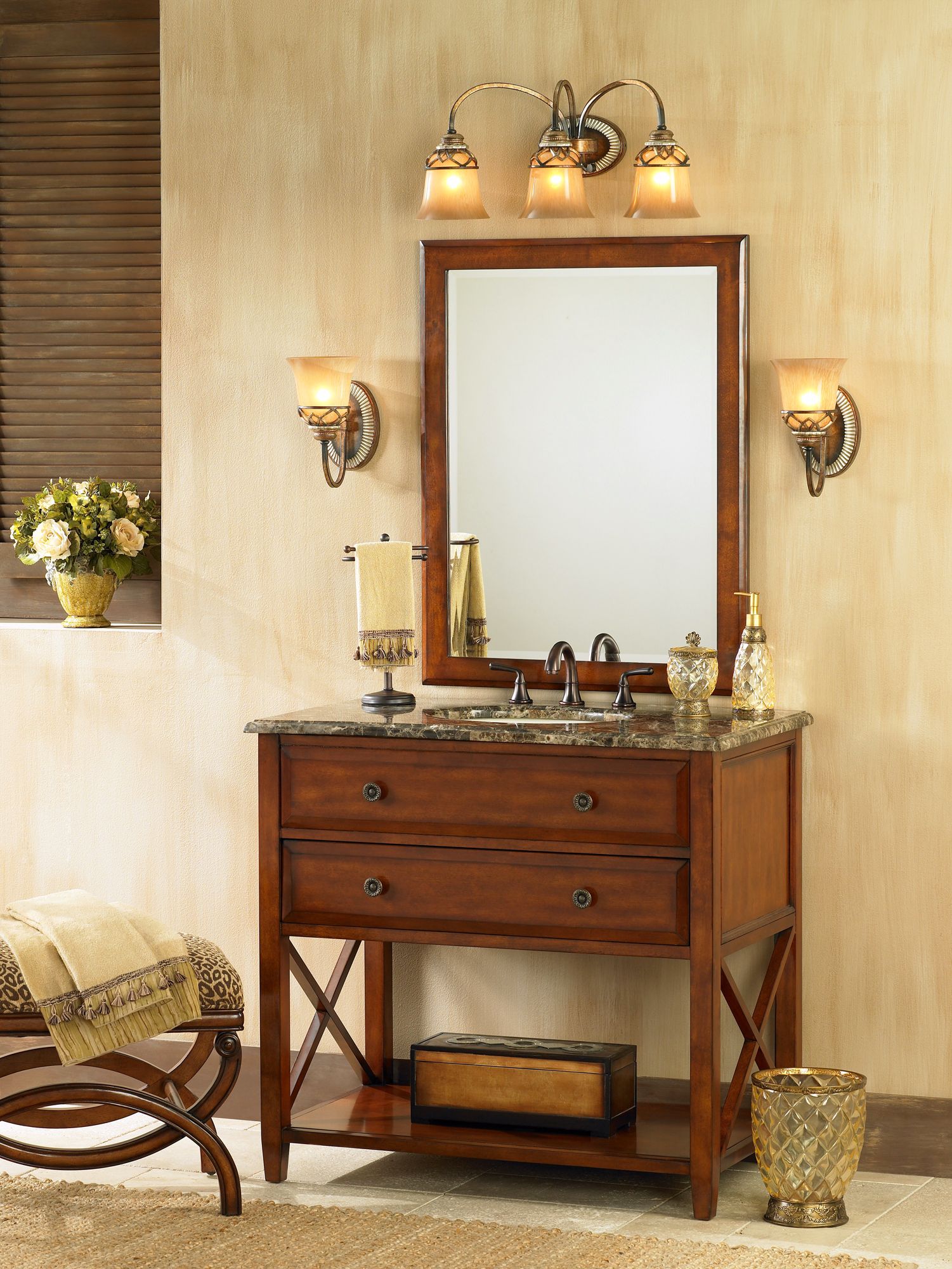The traditional bathroom combines cherry wood finishes with warm neutrals.