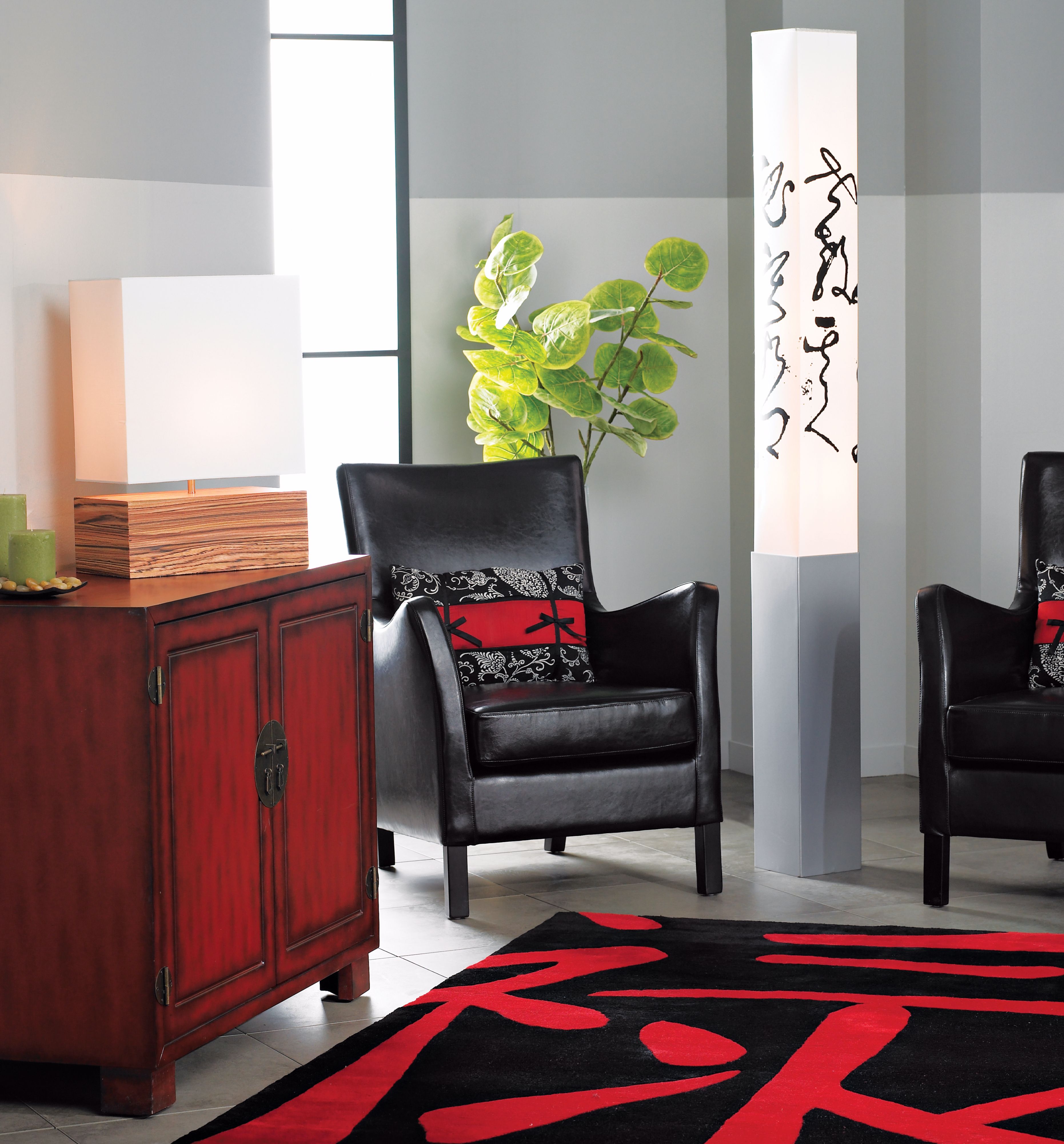 Chinese style brushstrokes accent this bold contemporary living room picture.
