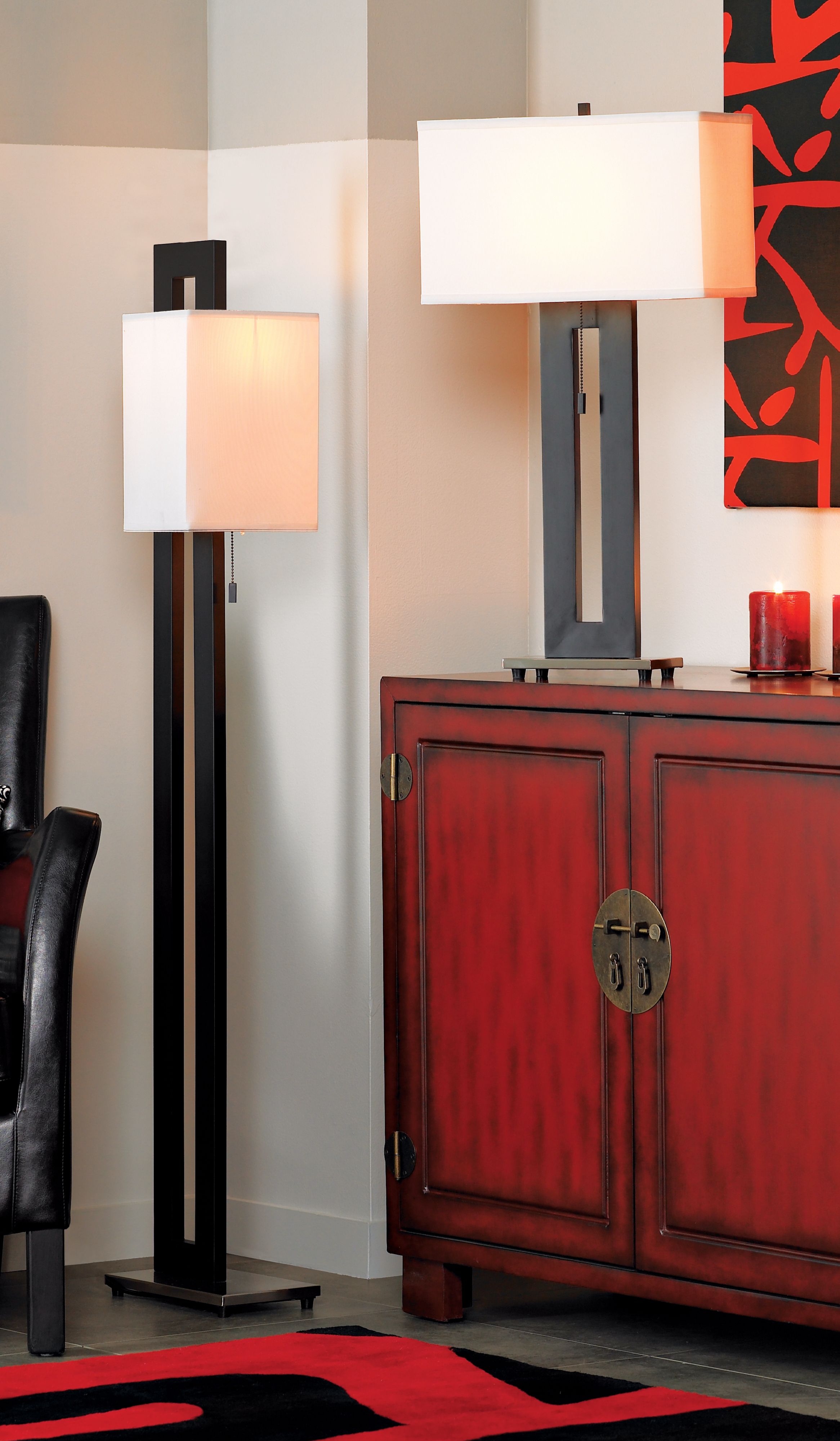Bold graphic lamps complement an Asian inspired living room design.