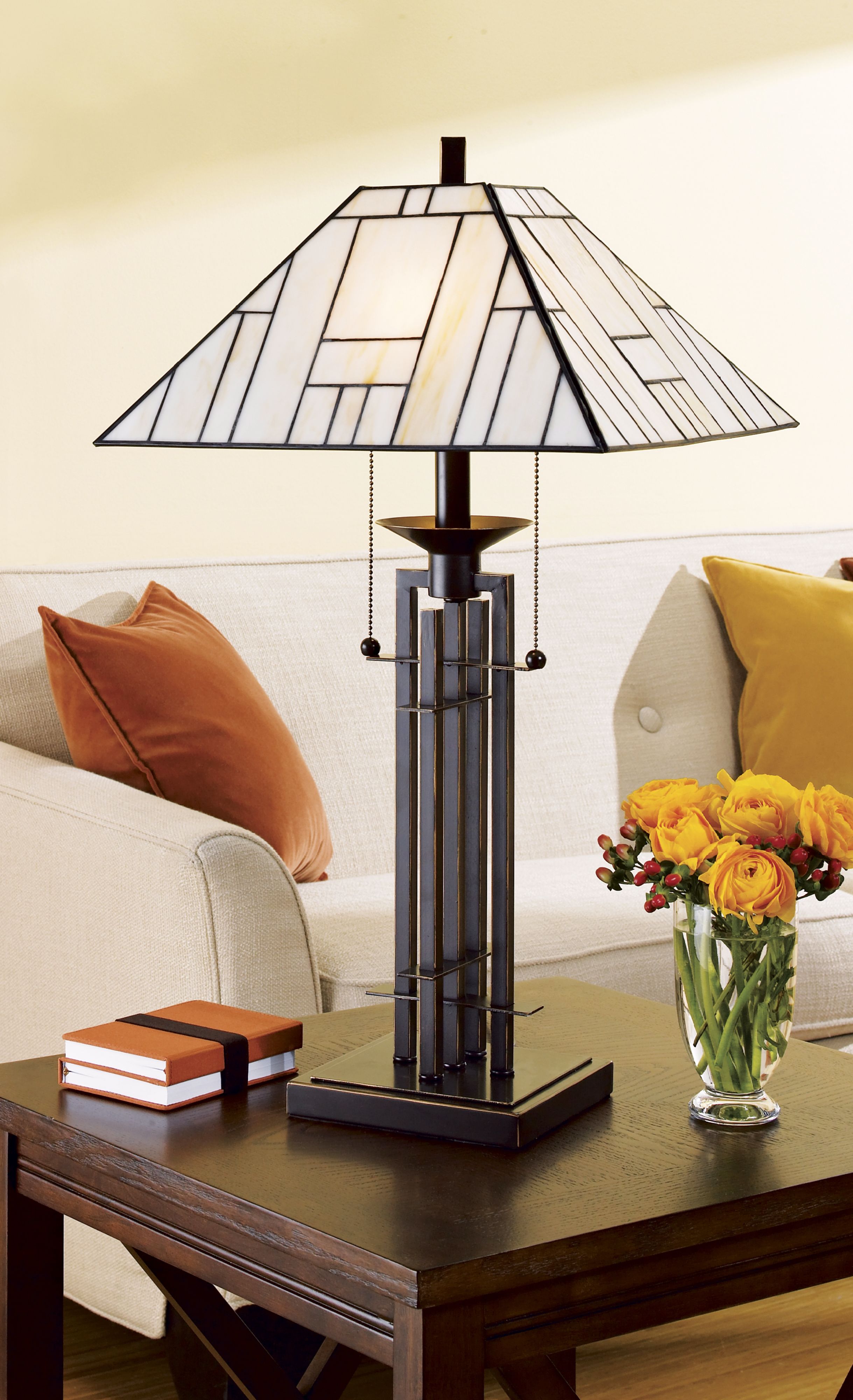 Mission style furniture and lighting is clean and classic.