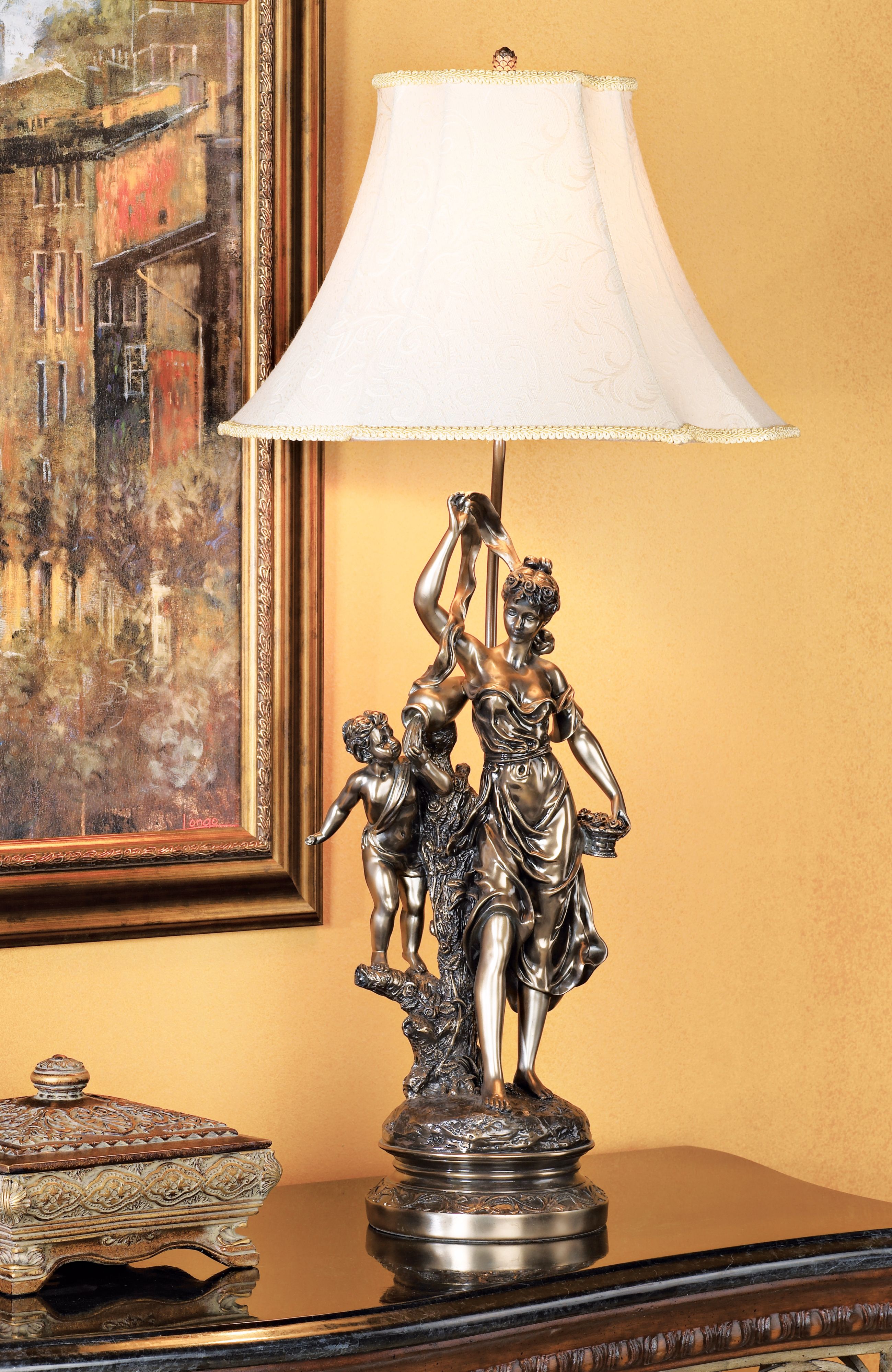Grecian Goddess with Cherub Table Lamp in scene