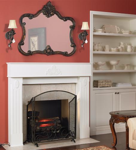 An arch top mirror and wall sconces decorate a fireplace mantel - Room Inspiration Lamps Plus