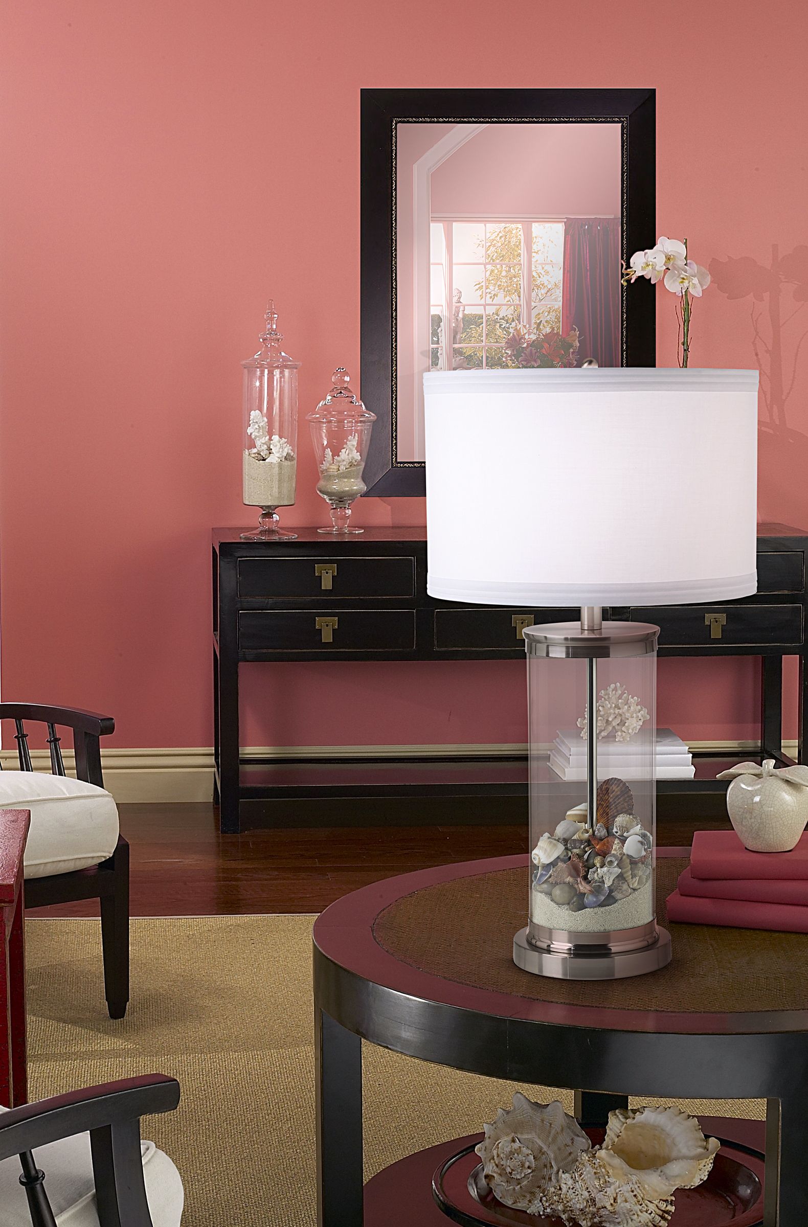 Fillable Glass Cylinder Collector's Table Lamp in scene