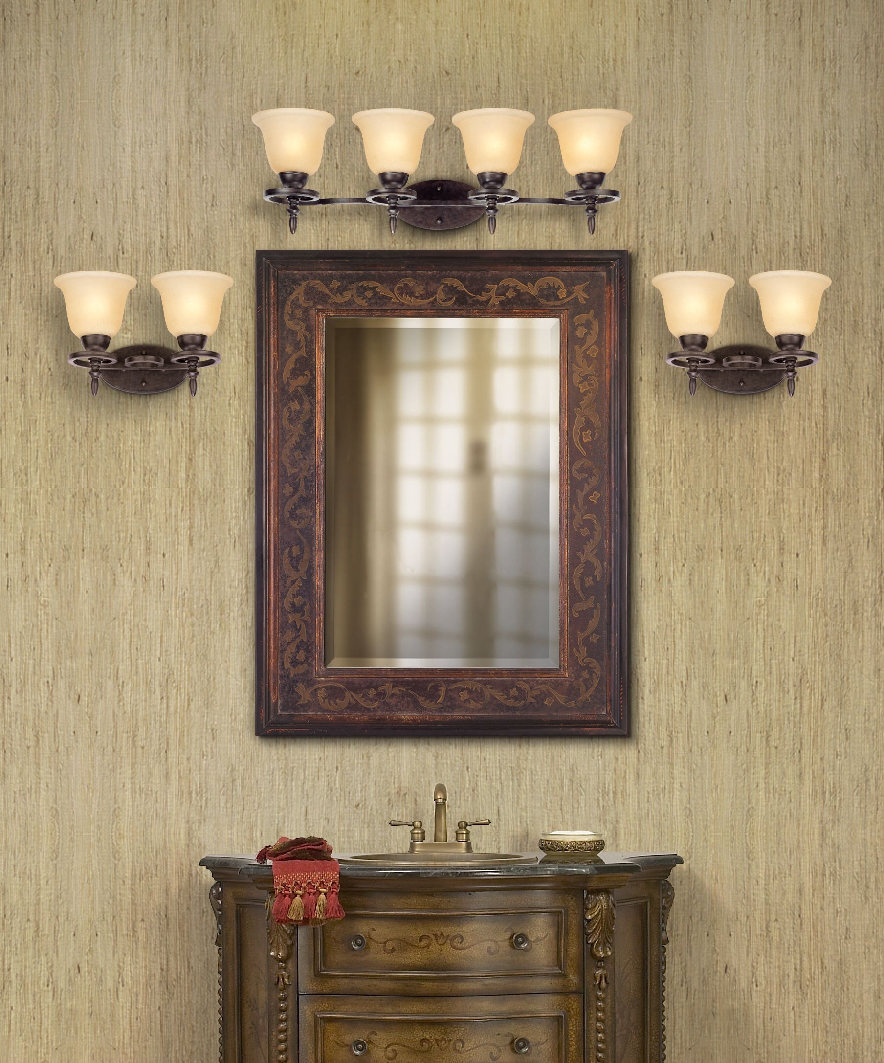 Textured wallpaper is a lavish traditional bathroom decorating idea.