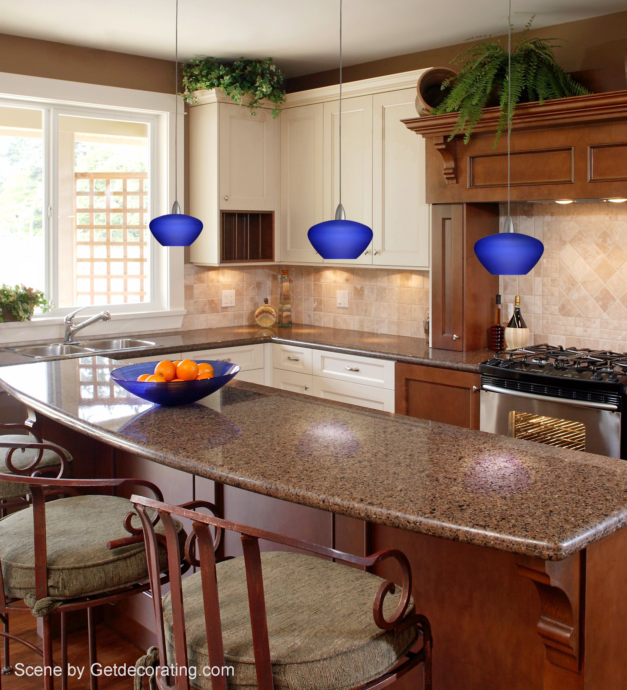 A traditional kitchen with bold Asian-inspired lighting.