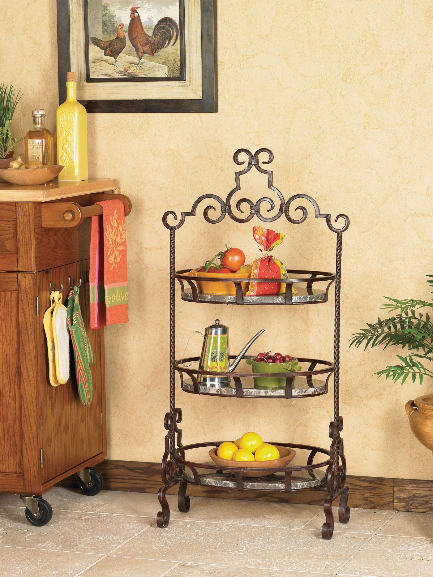 41" High Three Tier Iron Scroll Detail Basket in scene