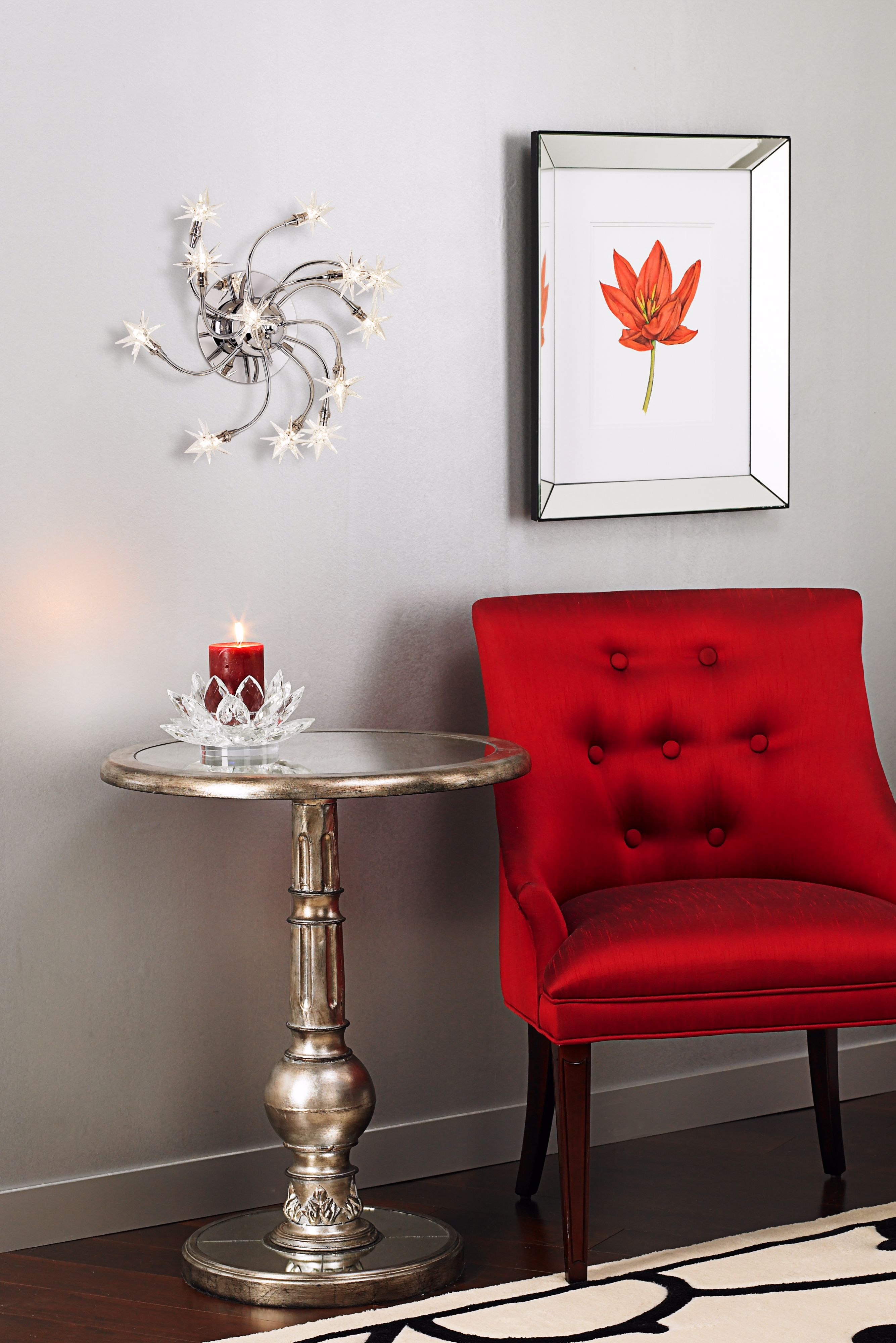 Cut crystal accents make this transitional living room design sparkle.