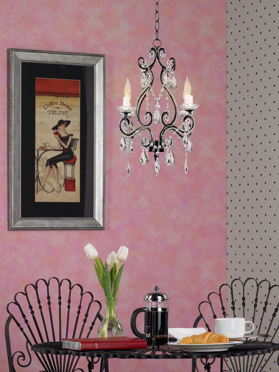 Perfectly Pink! This crystal chandelier adds a touch of French chic.