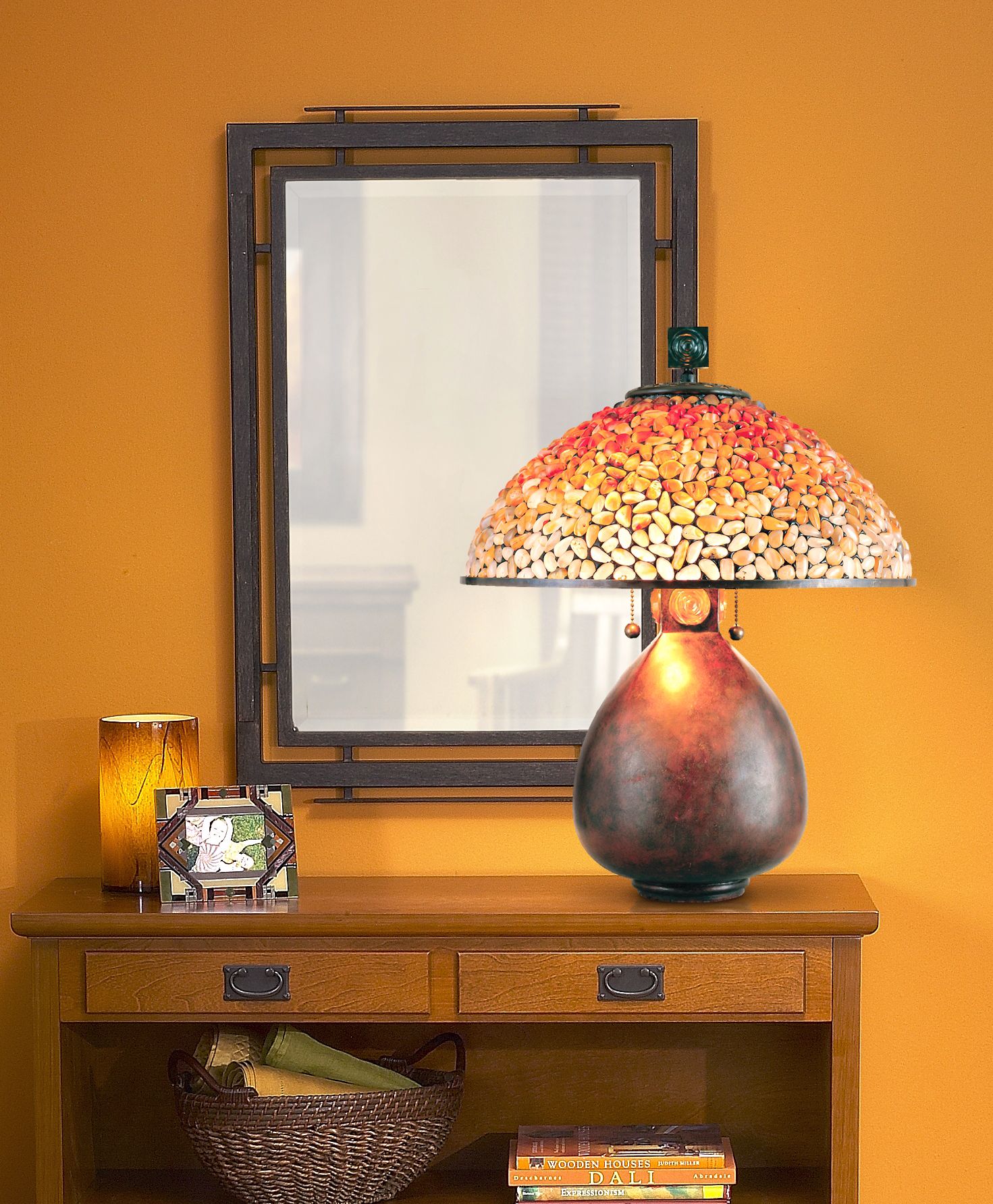 Earth tones, colored glass, and linear accents define Modern Mission style.